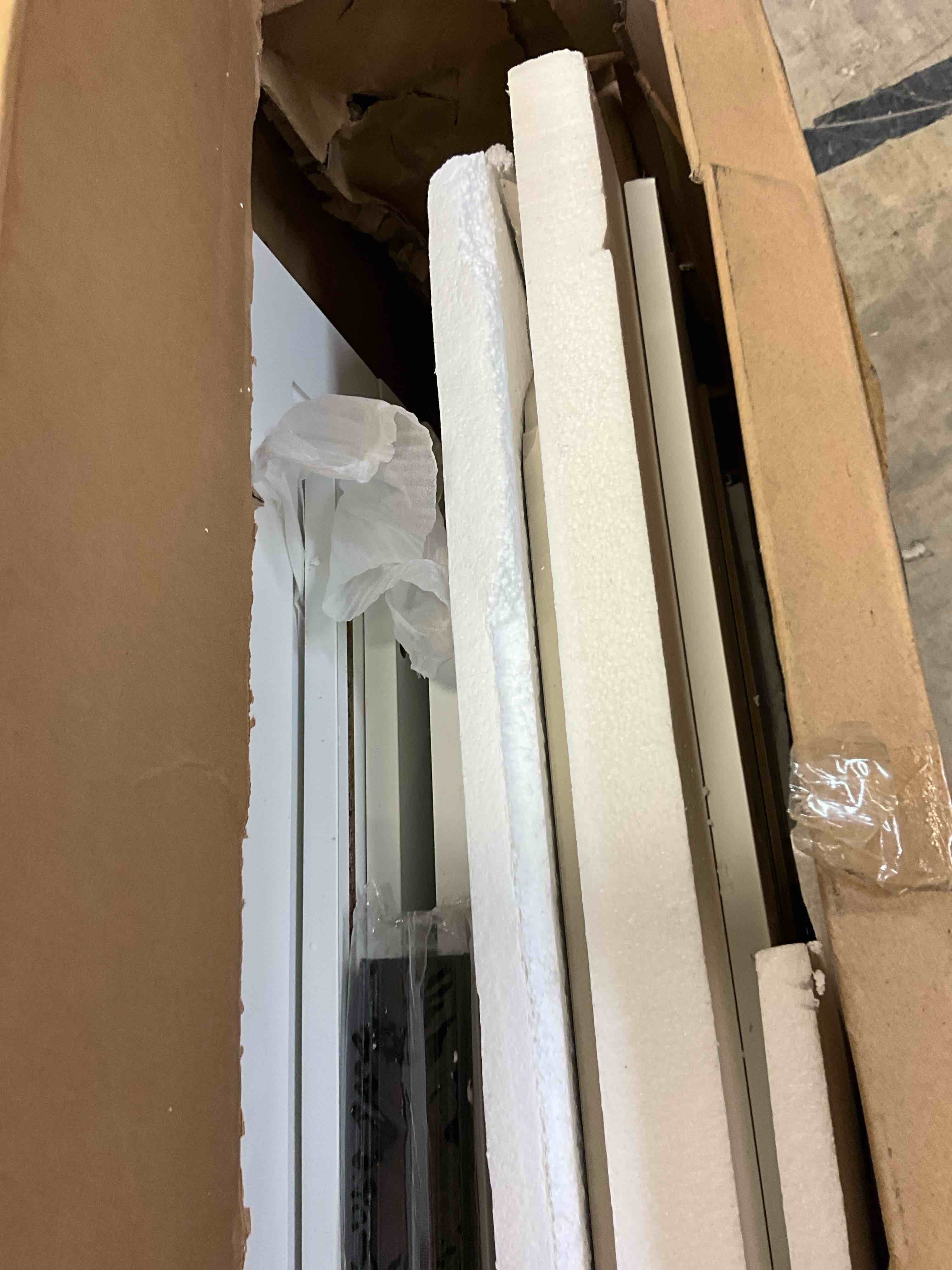Condition photo showing As Is for 30 in. w x 21 in. d x 32 in. h modern bathroom vanity in white with white ceramic sink top (incomplete one box only)