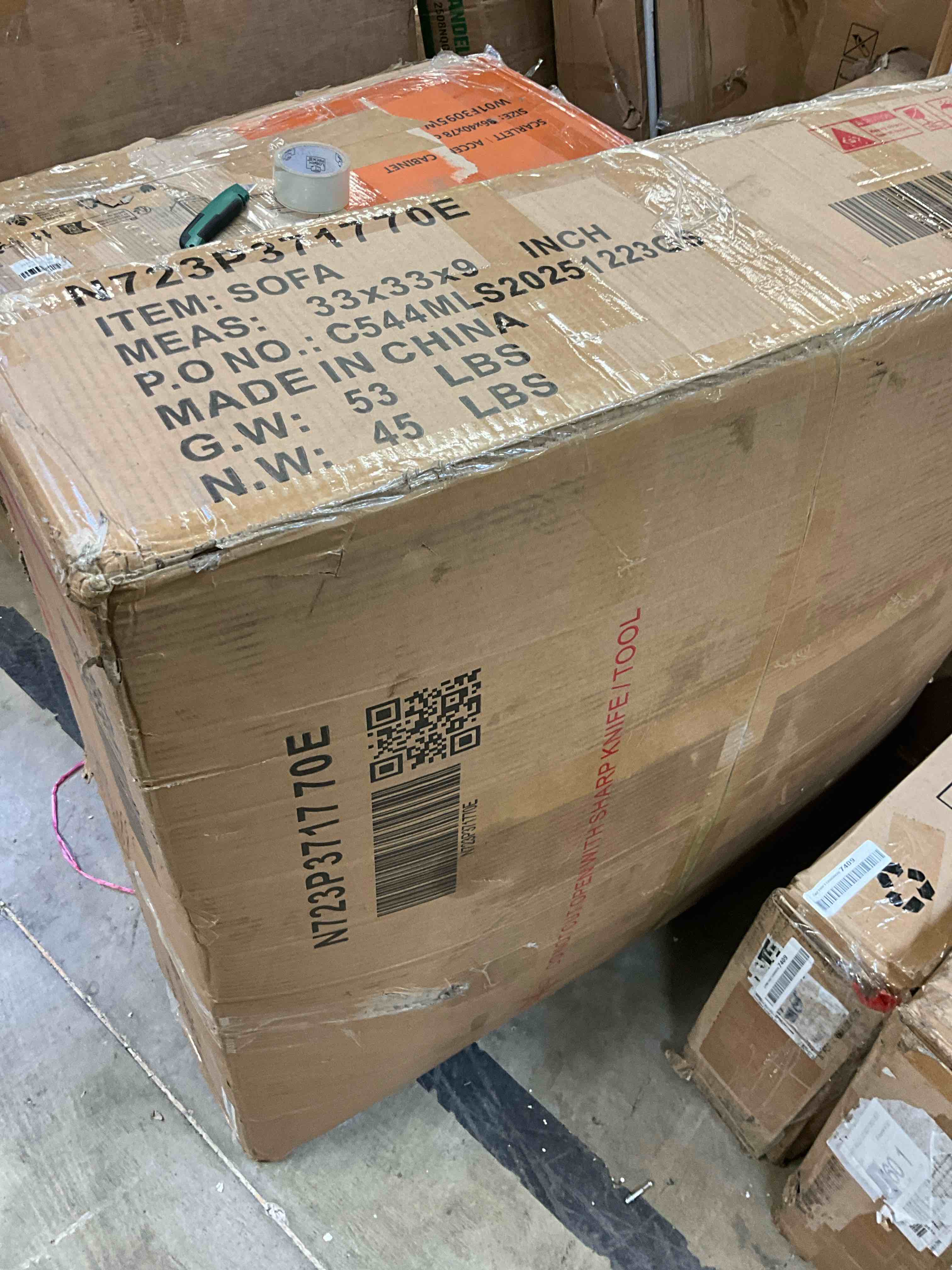 Condition photo showing Good Condition for chenille large u-shaped modular sectional sofa with integrated cup holders on the armrests and chaise ends, gray (incomplete one box only)