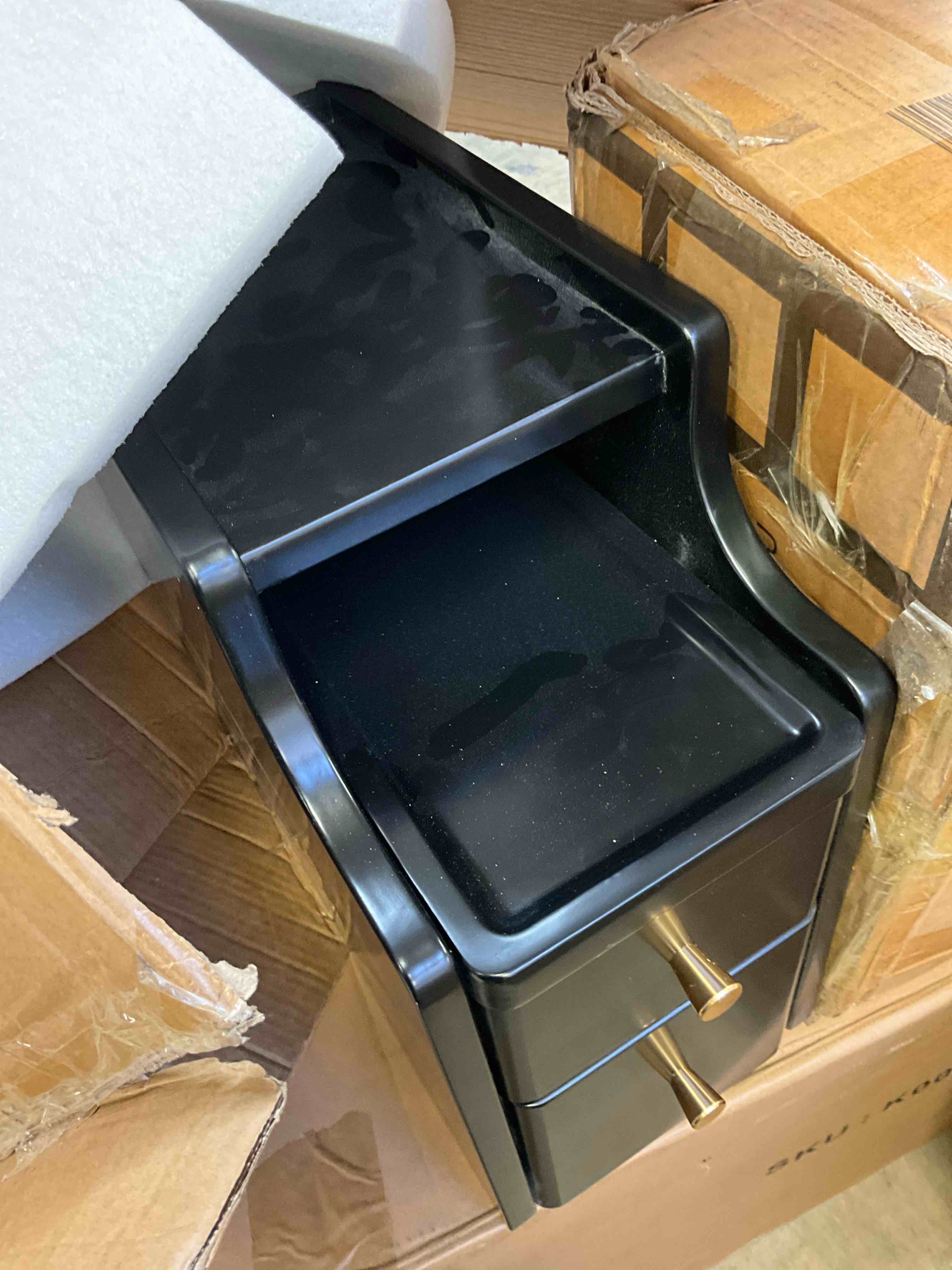 Condition photo showing New/Like New for nightstand, pre-assembled, 19.7“h solid wood narrow night stand with 2 drawers, open sliding shelf, mid century modern small bedside table for bedroom, black 8"