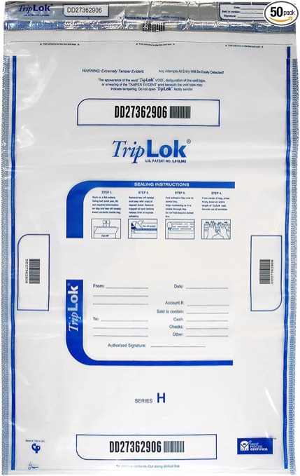 Condition photo showing New/Like New for ControlTek TripLOK Tamper-Evident Deposit Bags for Cash Handling & Valuables, Moisture, Heat and Cold Sensitive Ink, Tear-off receipt + Large Barcodes, 19" x 28", Clear, 50 Bags 585059