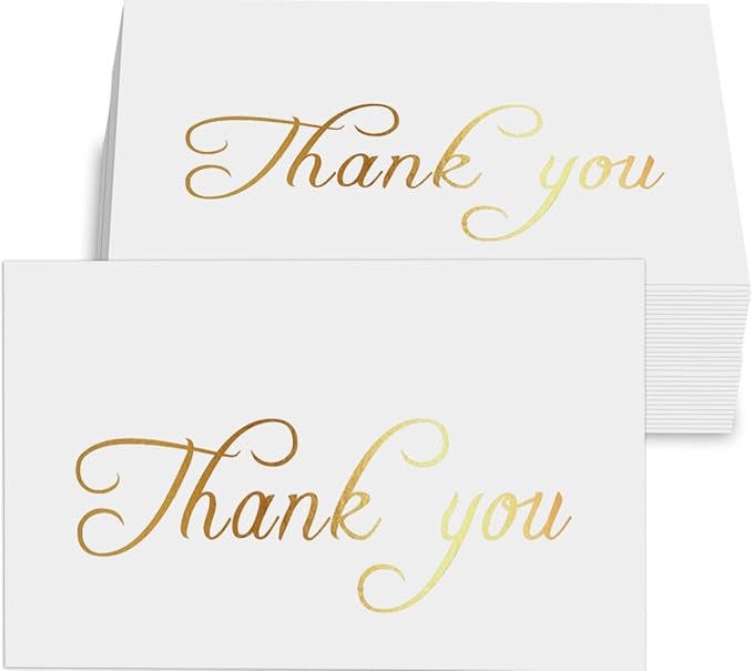 Condition photo showing New/Like New for 100 small white 3.5 x 2 inch gold foil thank you cards with free write on back, perfect for small business owners, weddings, party cards and more.
