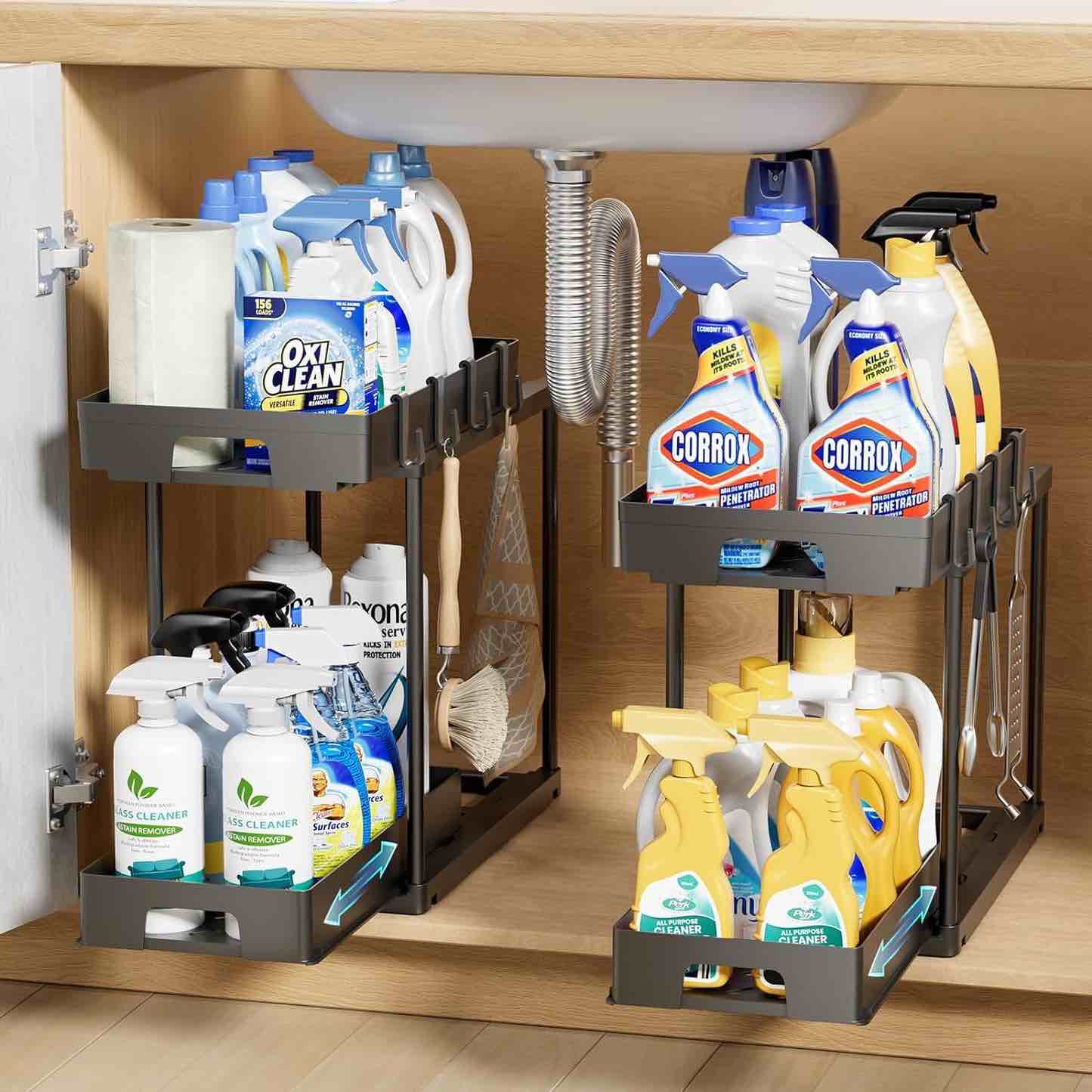 Condition photo showing New/Like New for Delamu 2 Pack ABS Under Sink Organizer, 2 Tier Double Sliding Basket Bathroom Cabinet Organizer