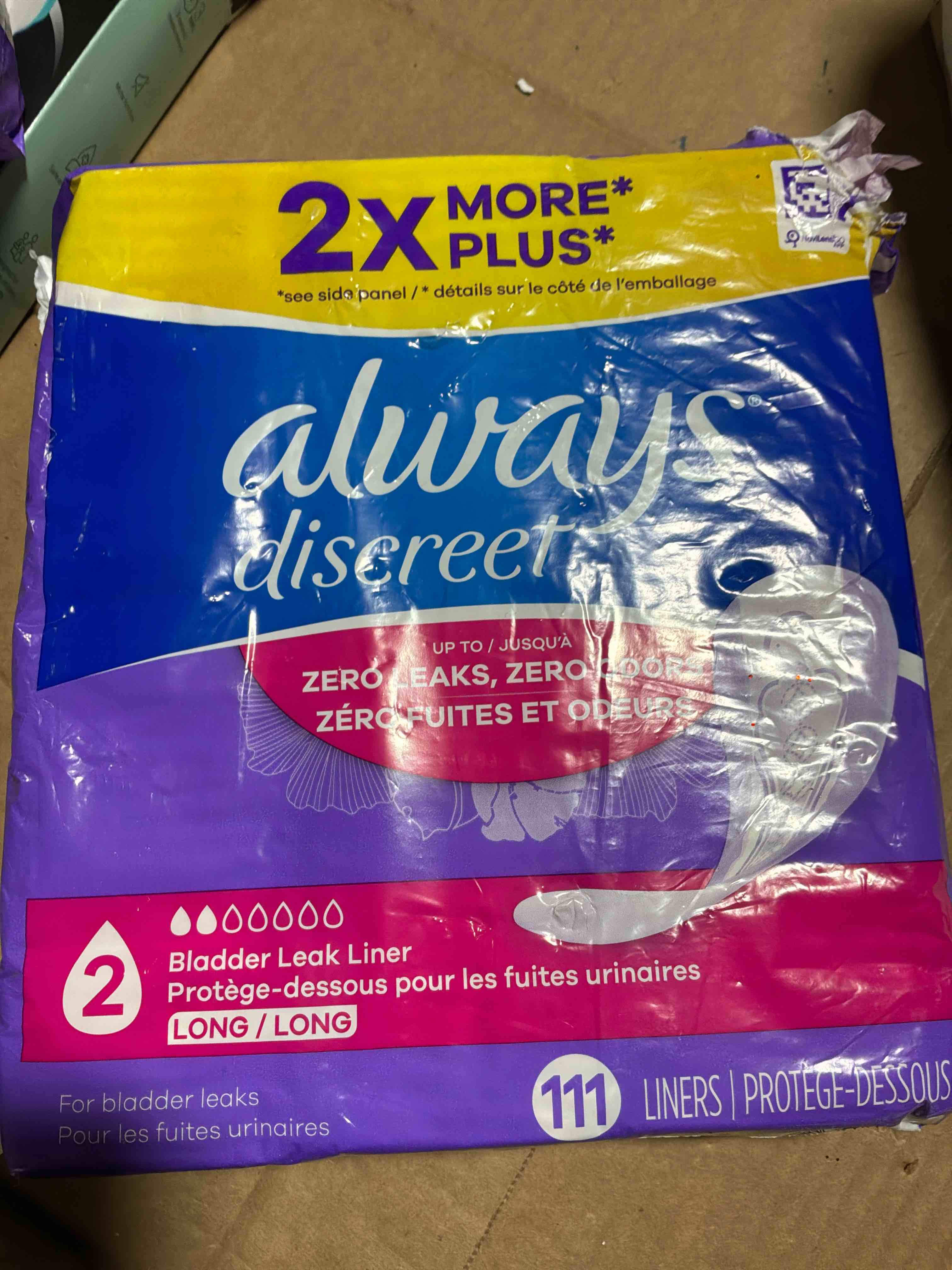 always discreet incontinence panty liners for women with bladder leaks, size 2, very light absorbency, long length, 111 ct x 2 packs (222 total count) (packaging may vary)