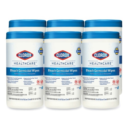 clorox healthcare 6 in. x 5 in. 1-ply bleach germicidal wipes - unscented, white (150/canister, 6 canisters/carton)