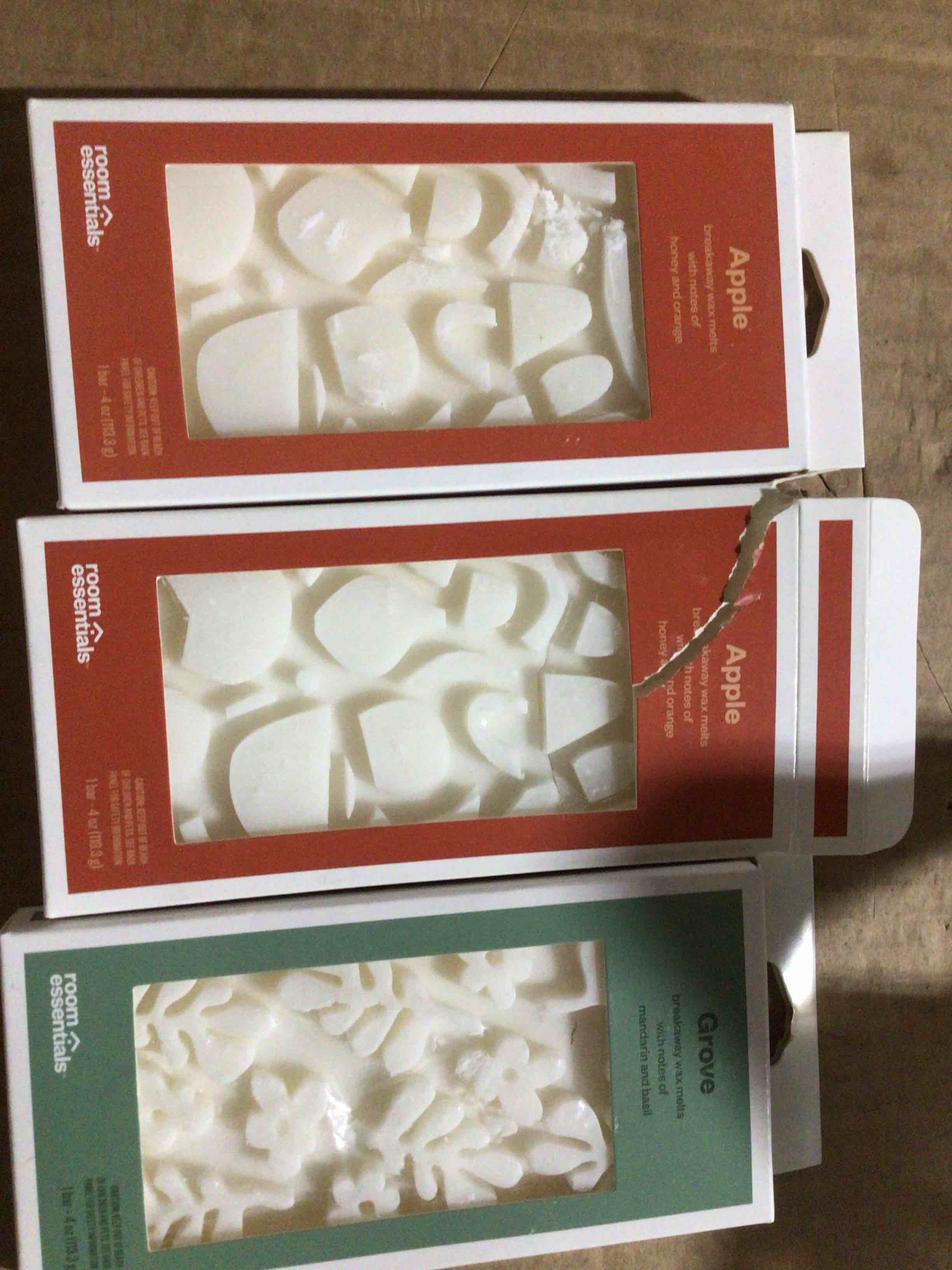 Condition photo showing New/Like New for breakaway wax melts room essentials (x2 apple, x1 grove) set of 3