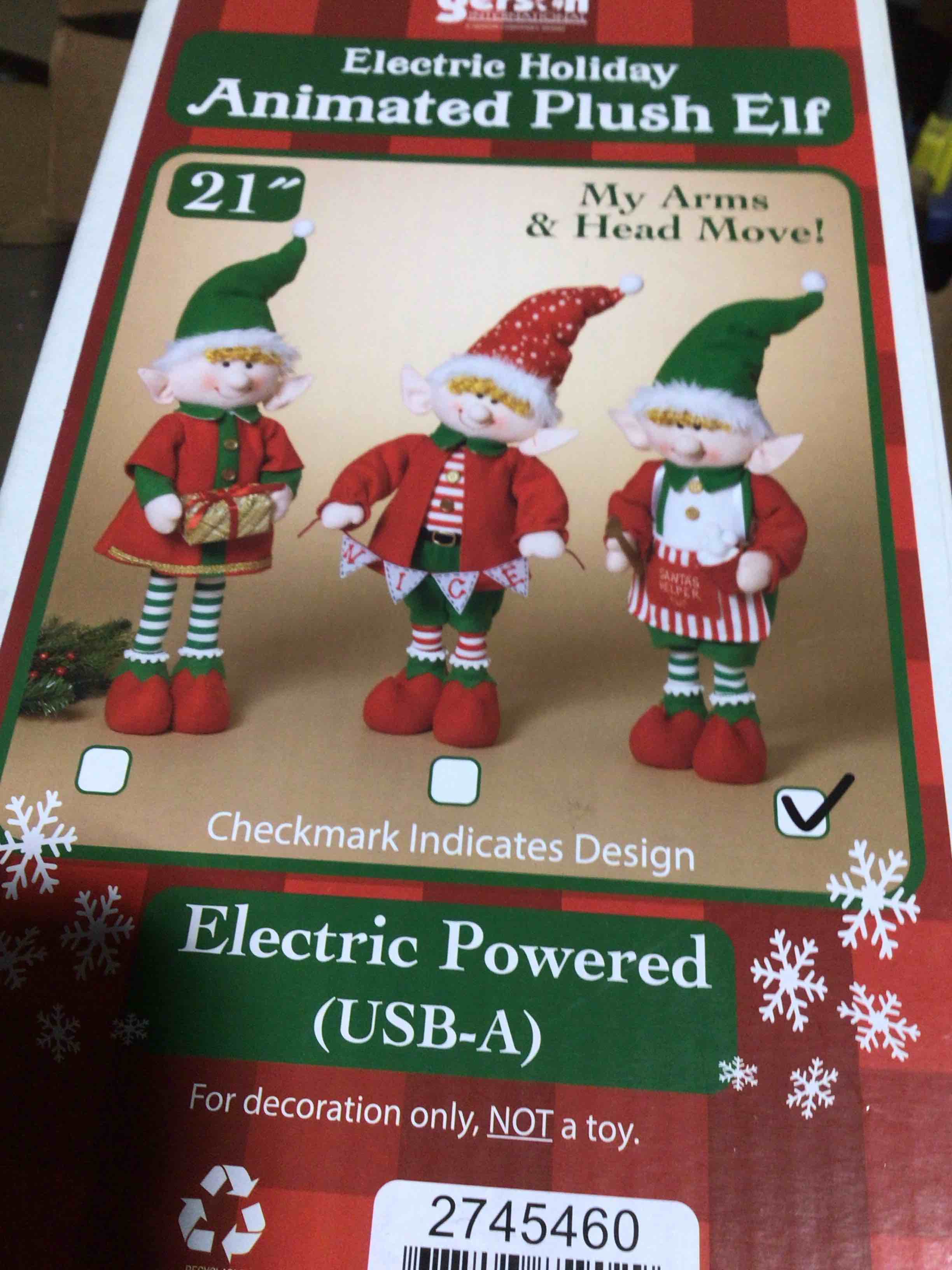 Condition photo showing New/Like New for GERSON ELECTRIC HOLIDAY ANIMATED PLUSH ELF, 21” 