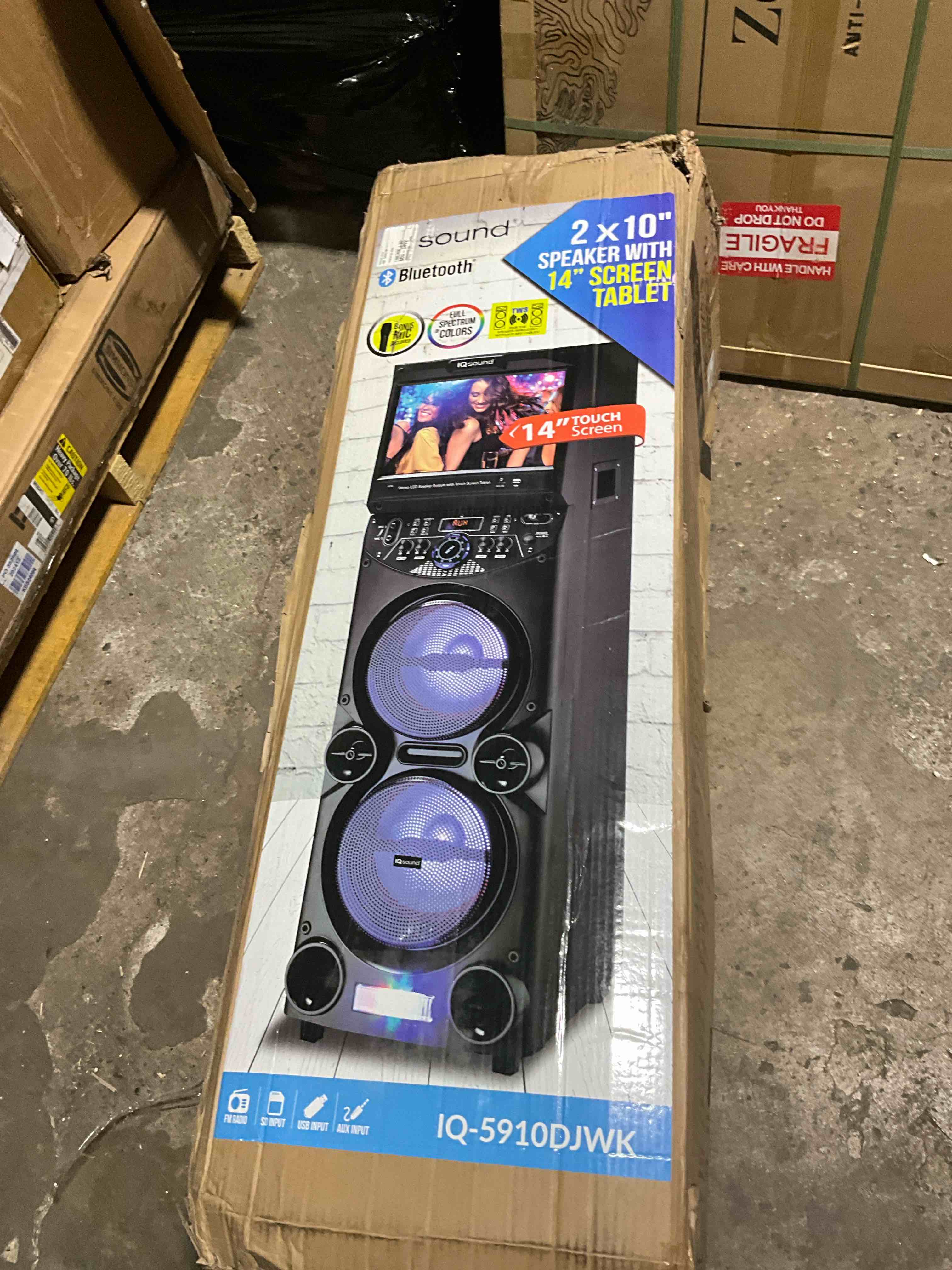 Condition photo showing New/Like New for Supersonic IQ-5910DJWK Karaoke Machine with 14" Touchscreen, Bluetooth, WiFi connectivity and 10" LED Lighted Speakers 800W Peak Power