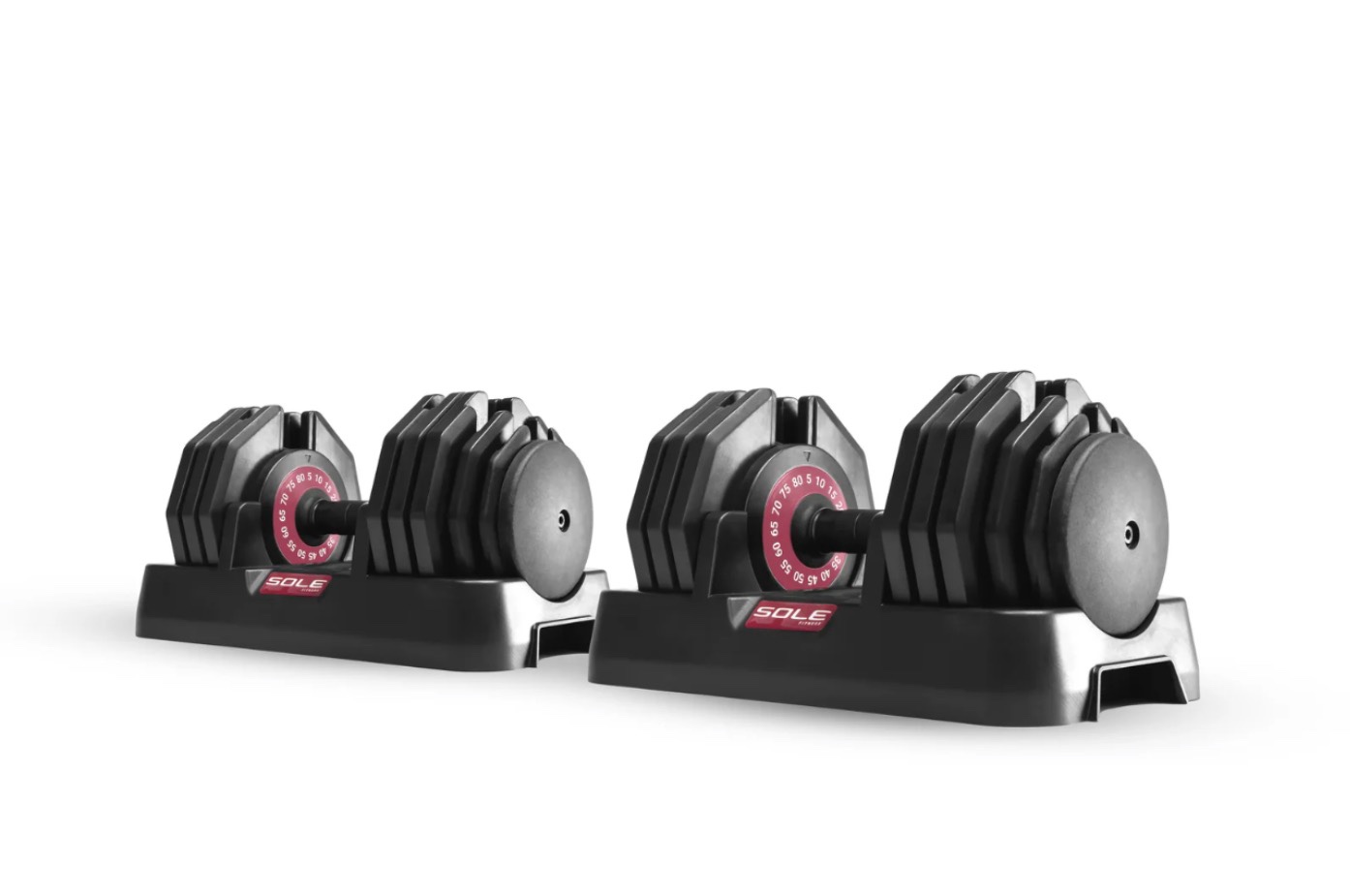 SOLE Fitness Adjustable Dumbbells (set of 2) SW180, Versatile Space-Saving Equipment - Adjustable Weights from 5lbs to 80lbs - Tone and Strengthen