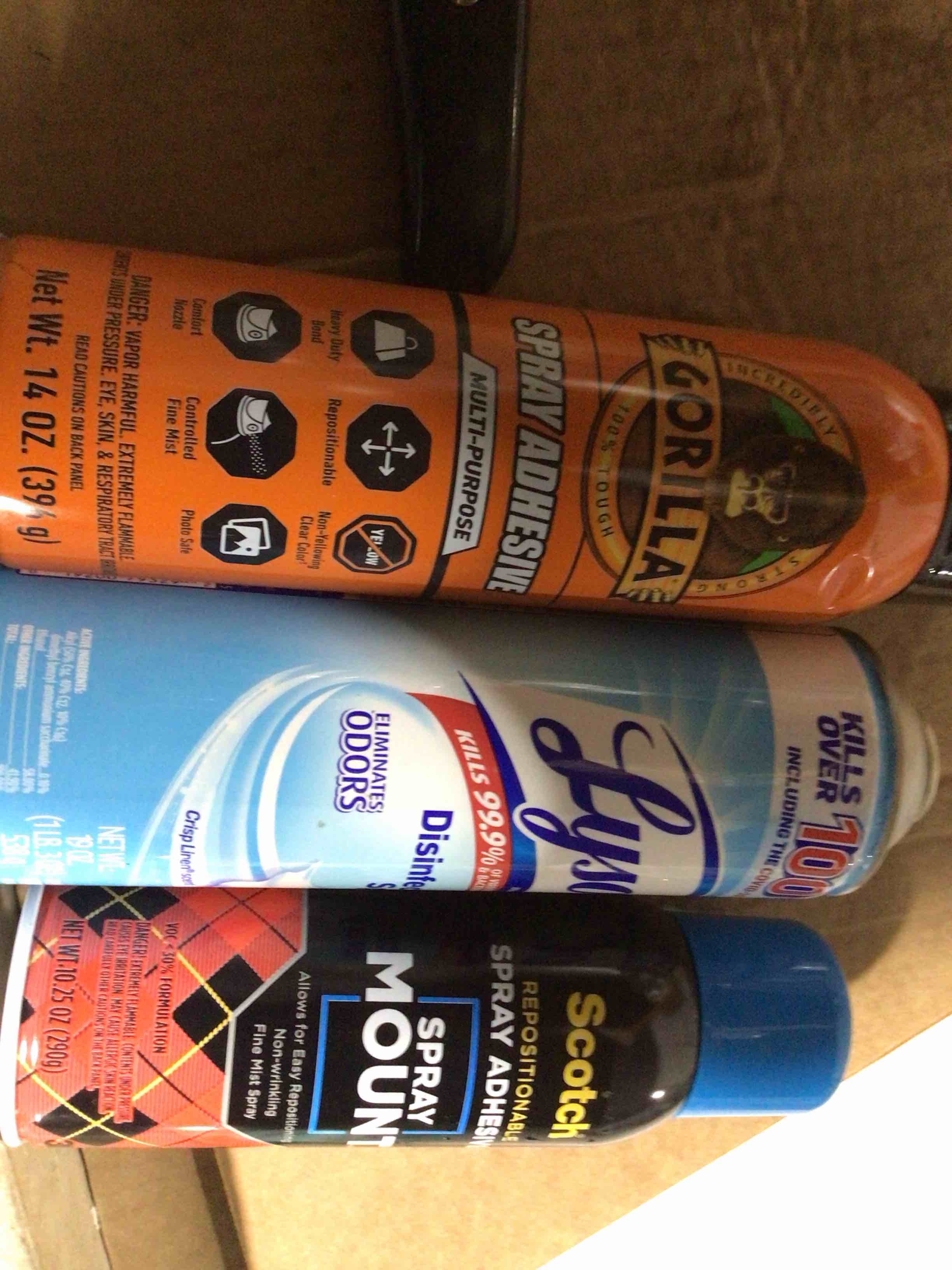 Condition photo showing New/Like New for cleaning supplies & utilities, spray, gorilla spray adhesive/lysol disinfectant/ scotch spray adhesive 