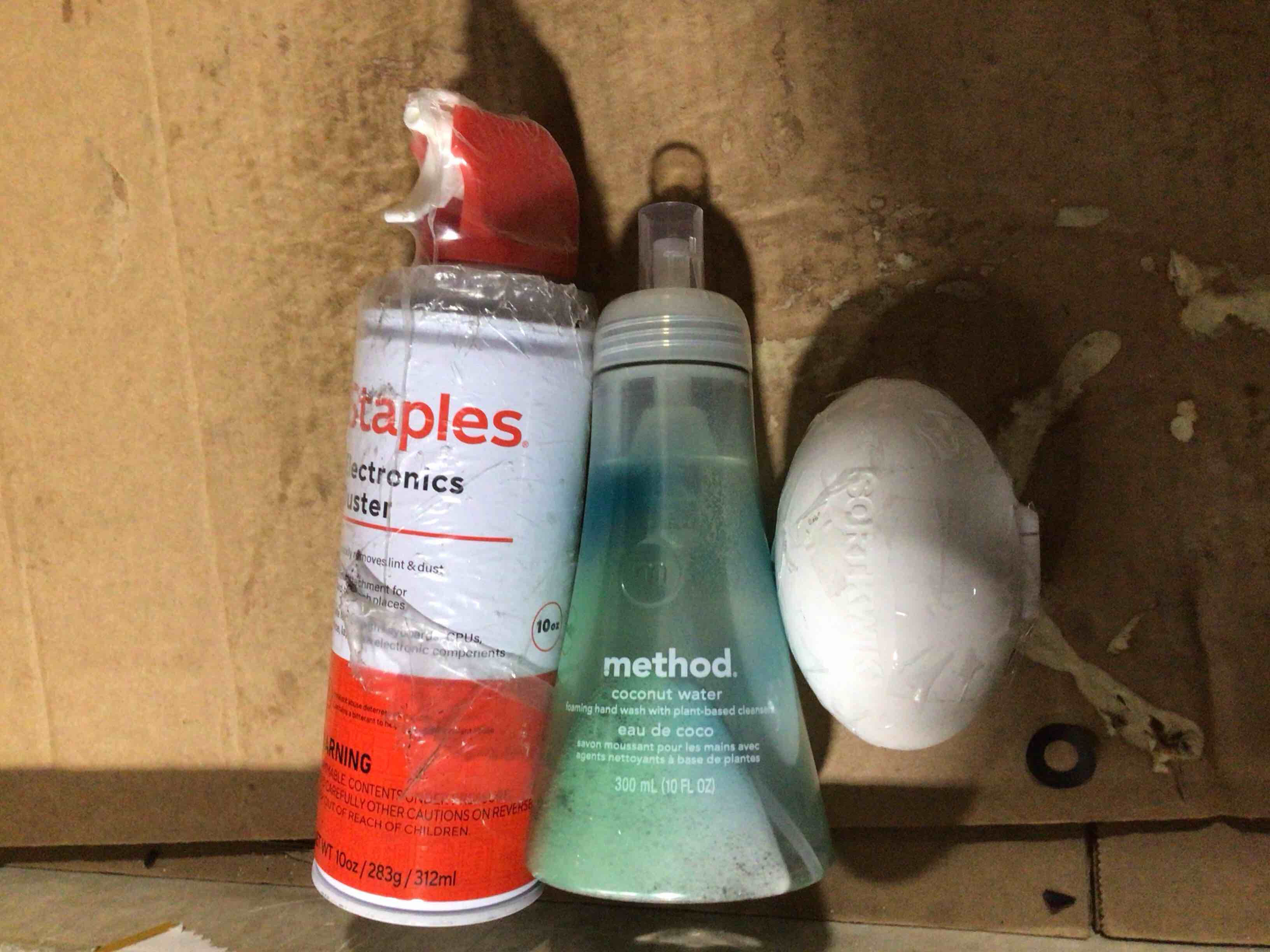Condition photo showing New/Like New for staples electronic duster, foaming handwash/ fingertip moisturizer (bundle)