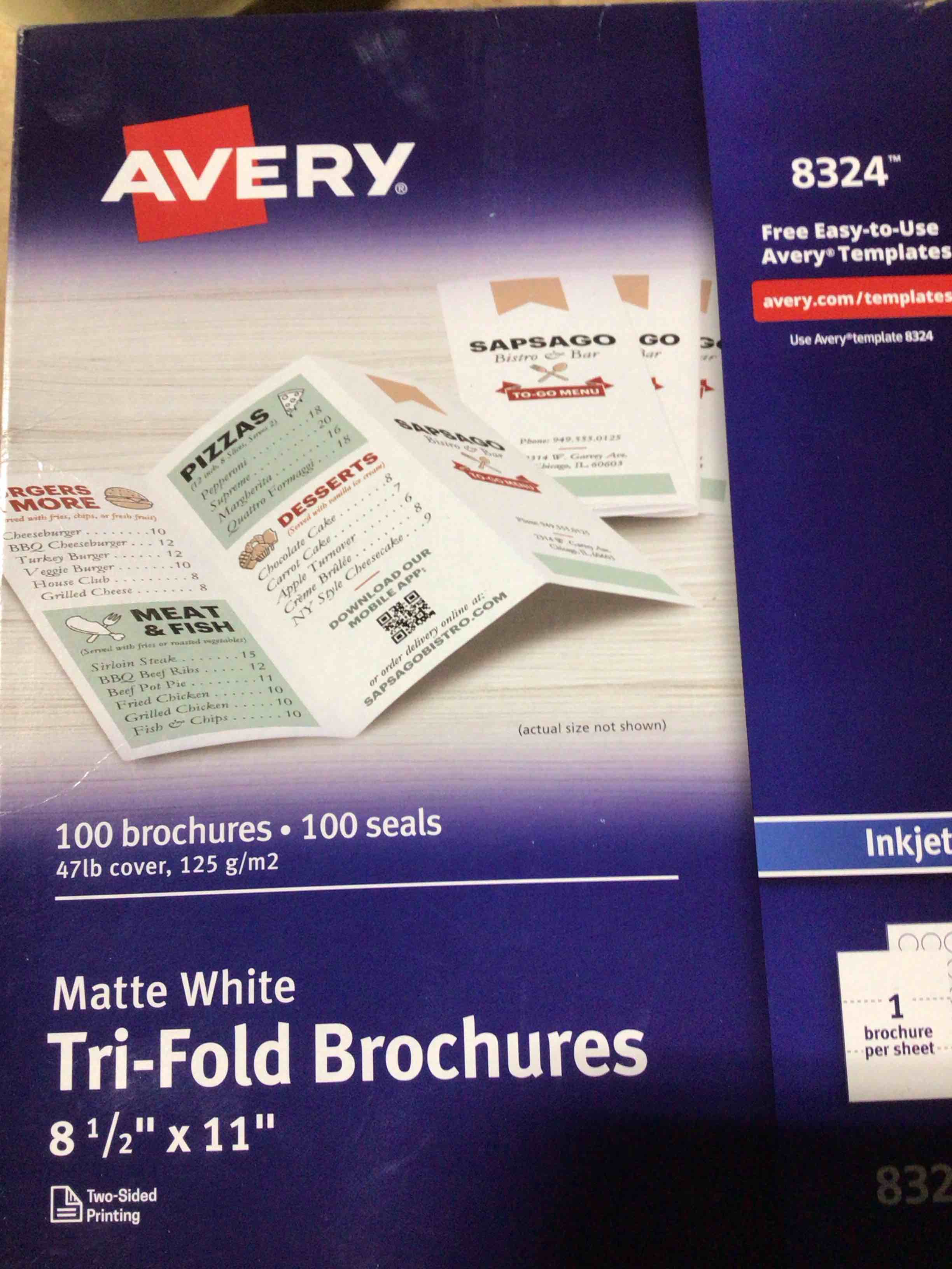 Condition photo showing New/Like New for AVERY matte white tri-fold brochures & general purpose sales book 