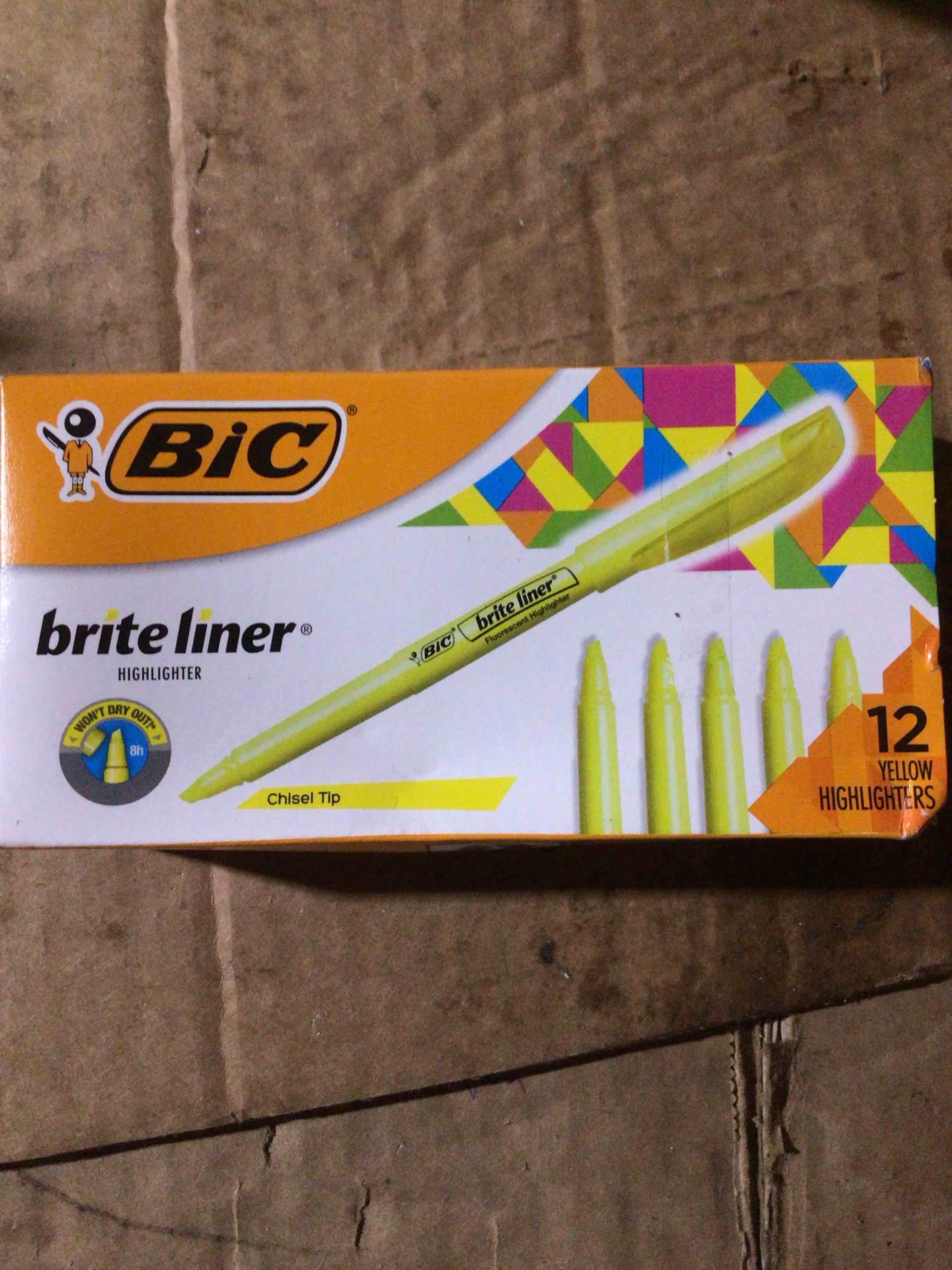 Condition photo showing New/Like New for BIC brite liner ( chisel tip) 12 yellow highlighters
