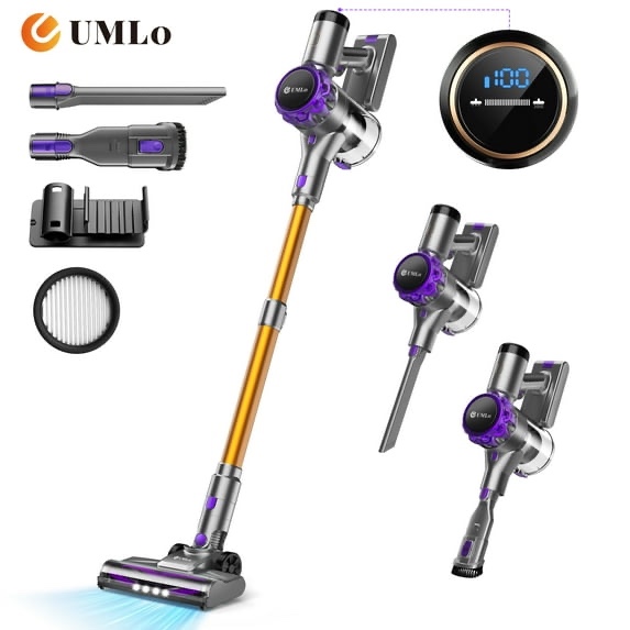 umlo cordless vacuum cleaner, 300w 30kpa stick vacuum with led display, 8 in 1 rechargeable cordless vacuum max 55min runtime, free-standing, perfect for home carpet hard floor pet hair purple