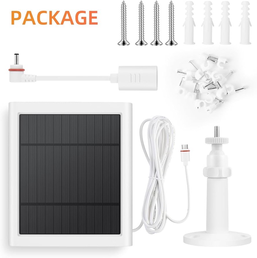 solar panel for ring camera, 4w solar charger compatible with rings spotlight &stick up outdoor cam battery, 10ft long cable with usb-c to ring barrel plug adapter white 1pcs
