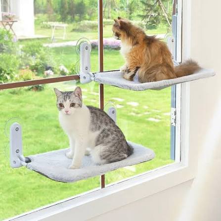 zoratoo 2pc cat window perch cordless foldable cat hammock bed for window with metal frame and reversible cover, large suction cups window resting seat for indoor cats (cat bed, m-2pc) cat bed - m