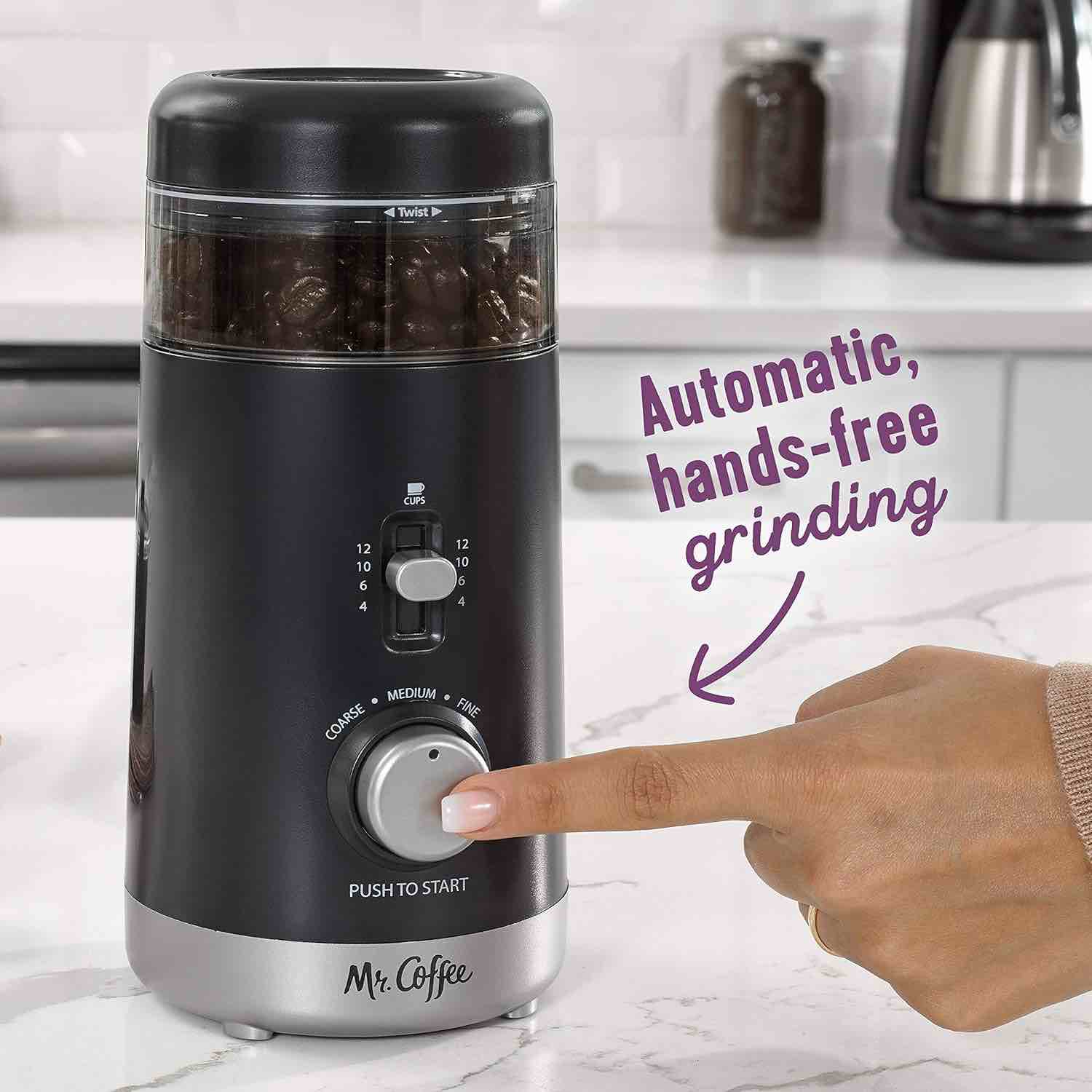 mr. coffee automatic coffee grinder with 5 presets, 12 cup capacity, black – ideal for home use and espresso lovers