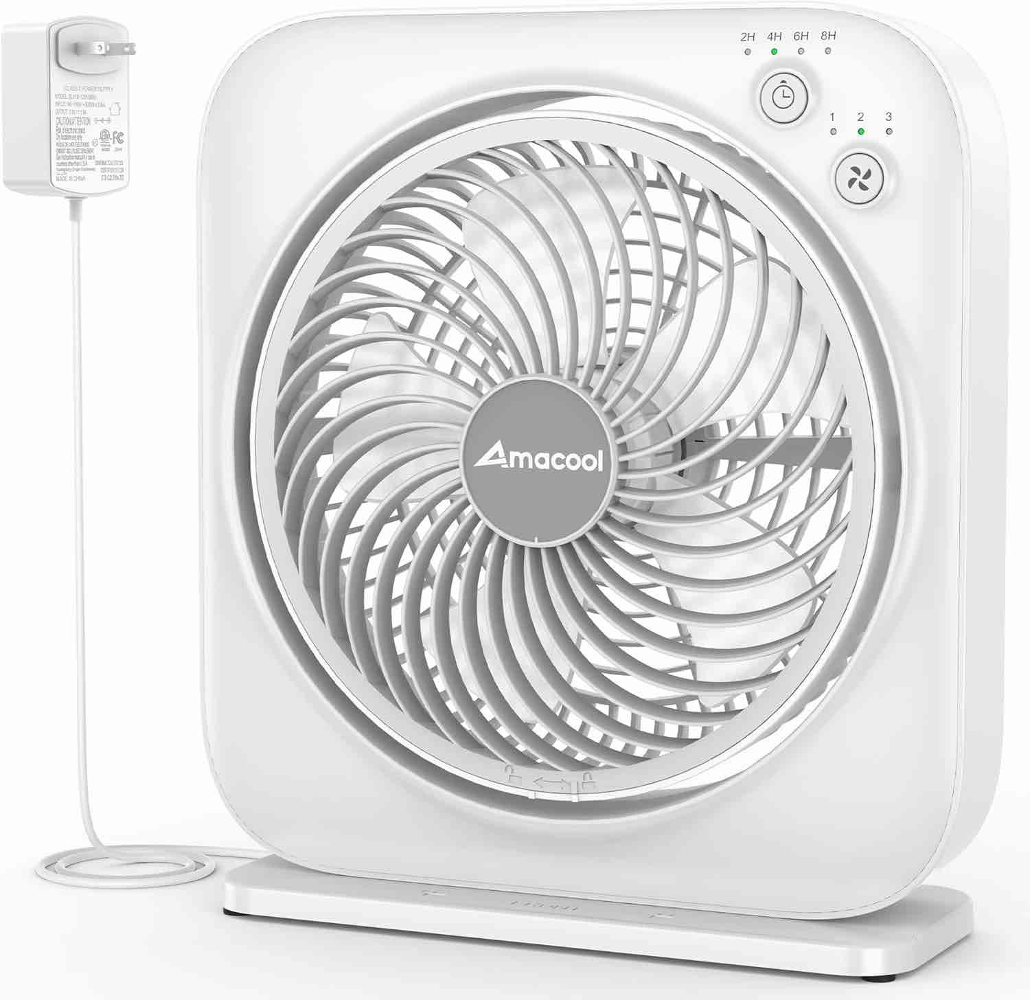amacool table fan, 12 inch box fan with 3 speeds & 8hrs timer, 270° pivoting quiet air circulator, desktop fan for bedroom bathroom kitchen office, ac adapter included, co-branded with cmyfato-white white 12\"