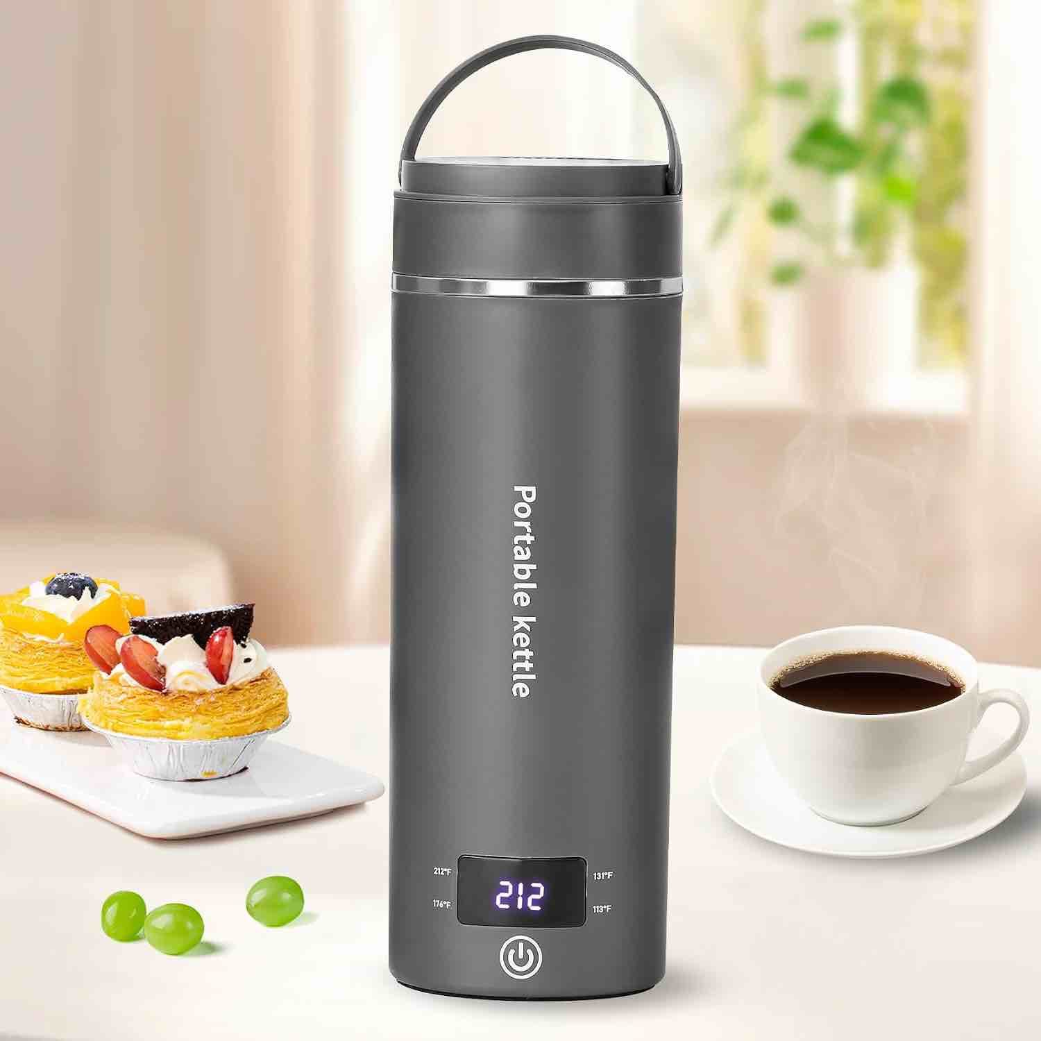 travel electric kettle portable mini kettle,small hot water boiler with 4 temperature settings,304 stainless steel,fast boiling water with auto shut-off and boil dry protection,400ml (grey, 400ml) 0.4 quarts grey