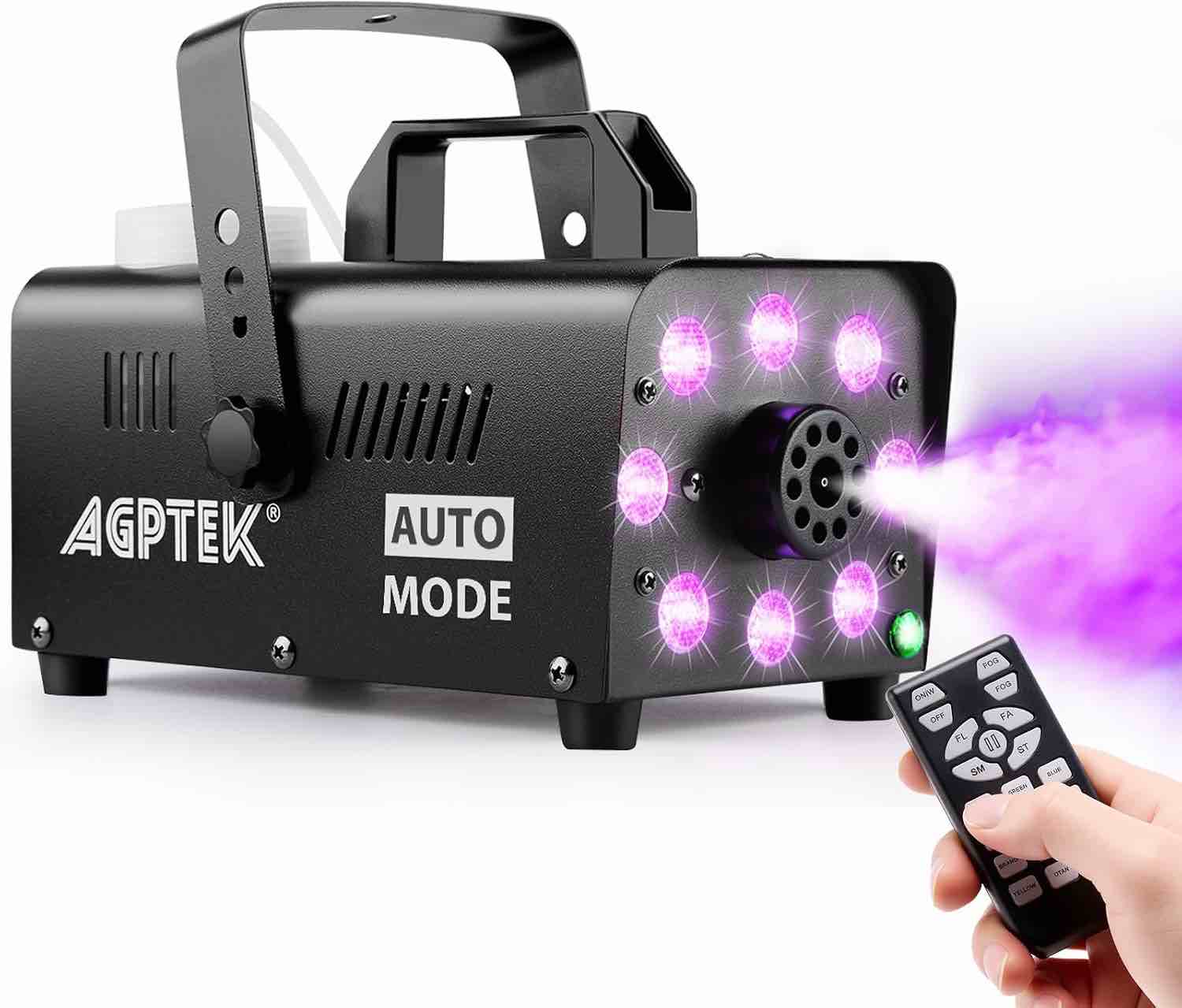agptek fog machine, smoke machine with 12 colorful led lights effect, upgraded auto mode 600w 4000cfm fog & 1 wireless remote,low fluid auto shut-off,good for wedding halloween party and stage effect