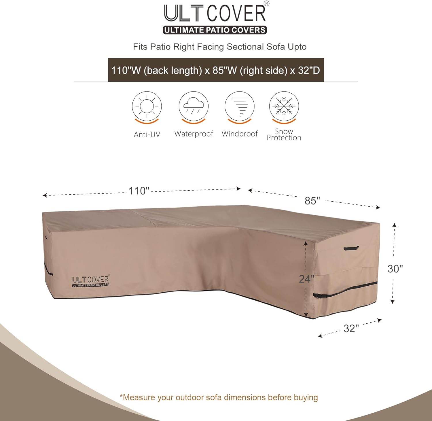 ultcover patio l-shaped right facing sofa cover waterproof for 6-seater outdoor sectional furniture couch 110”w (back length) x 85”w (right side)