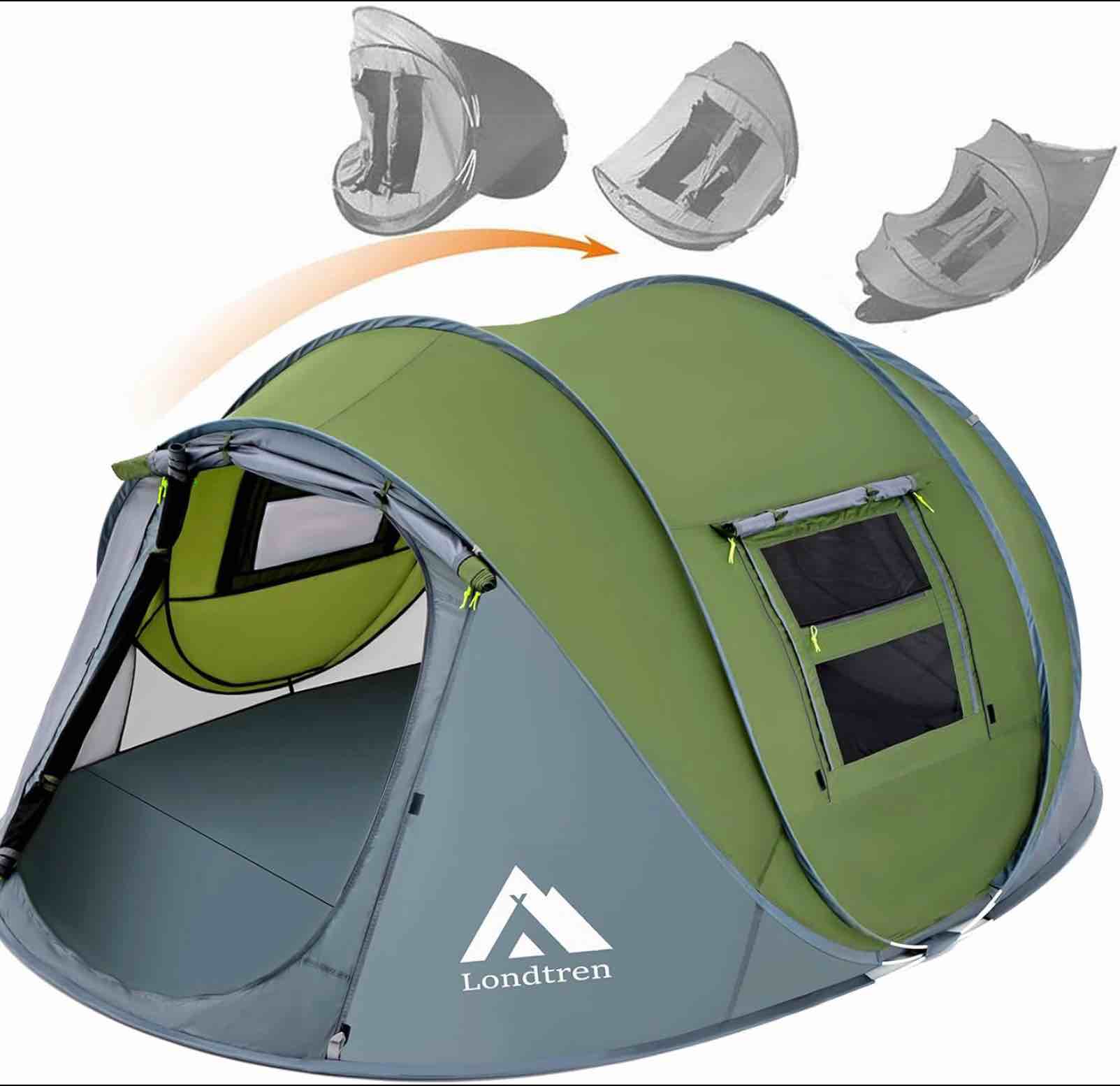 4 Person Easy Pop Up Tent Waterproof Automatic Setup 2 Doors-Instant Family Tents for Camping Hiking & Traveling Green & Grey 110*78*51''