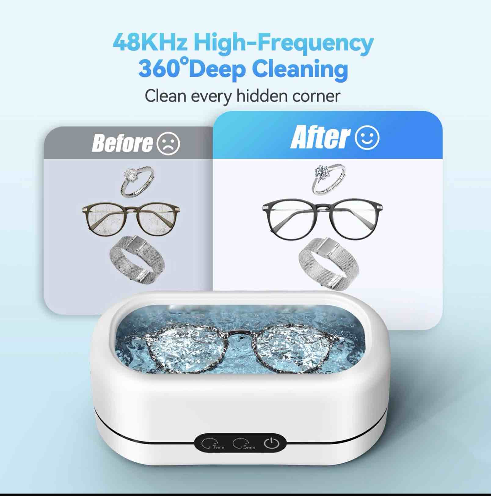 Ultrasonic Jewelry Cleaner, 48KHz Ultrasonic Cleaner Machine for Jewelry, Eyeglasses, Rings, Watch Strap, Dentures-Dual Cleaning Modes, 304 Stainless Steel Tank White