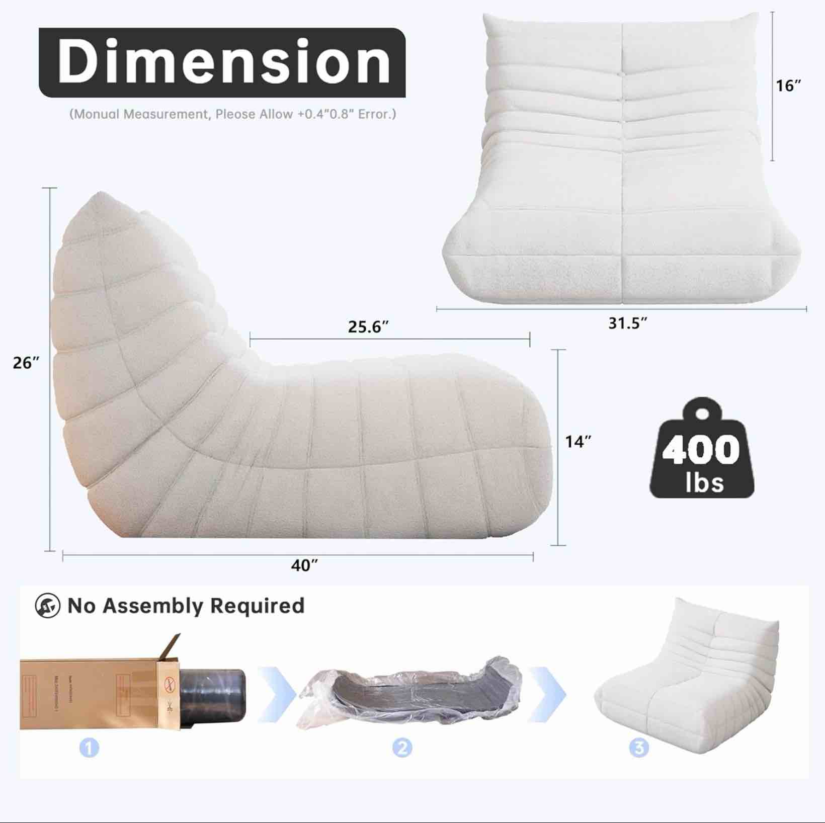 Condition photo showing As Is for Bean Bag Chairs for Adults, BeanBag Reading Chair Memory Foam Couch, Floor Chair Soft Teddy Material, Comfy Reading Nook Chairs for Bedroom Living Room Office (White) Single White