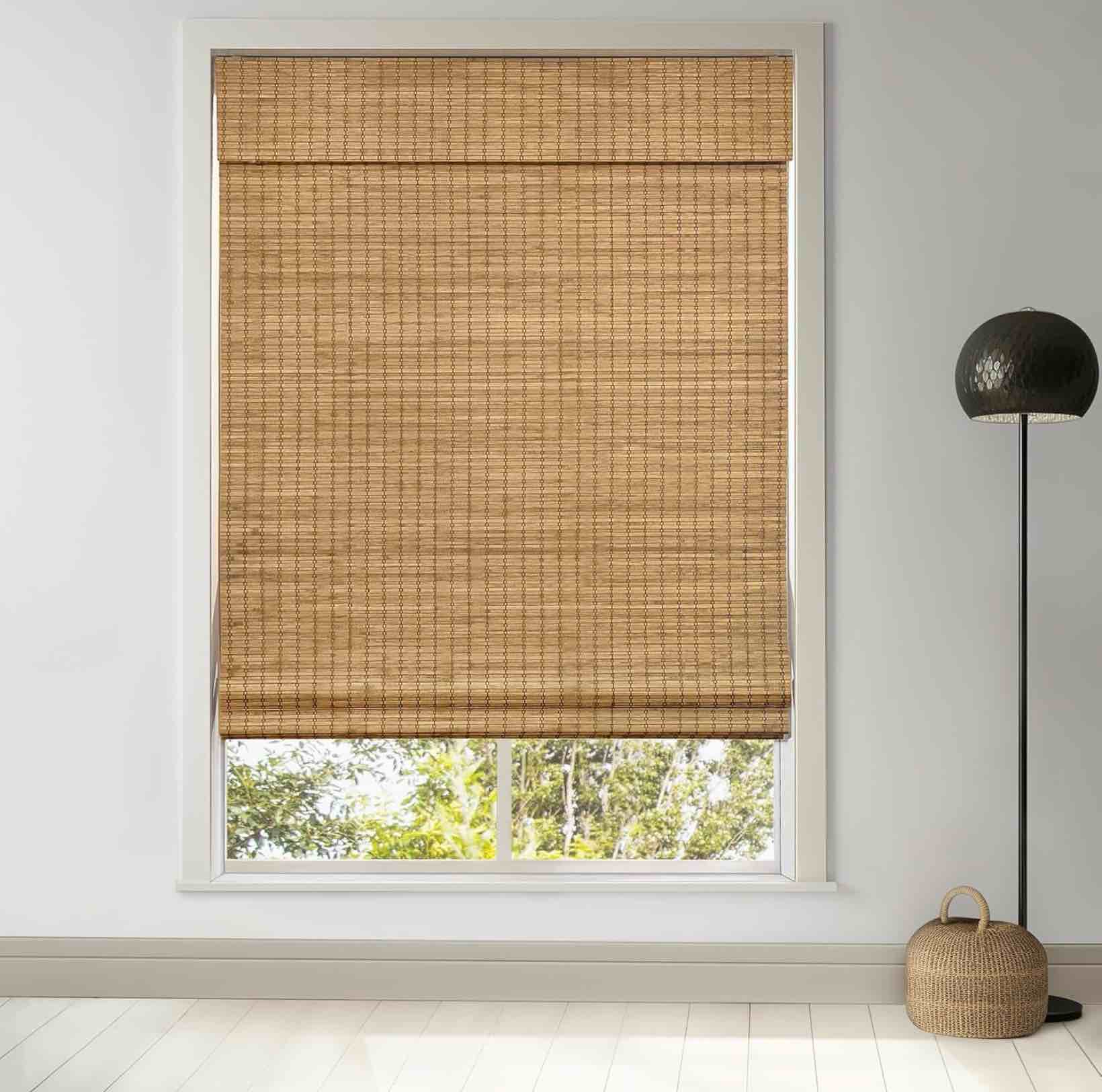 Condition photo showing Good Condition for LazBlinds Cordless Bamboo Roman Shades, Privacy Blinds for Interior Windows, Room Darkening Roll Up Bamboo Blinds for Home & Patio, 25.5\" W x 64\" H, Highfield Teak Pricacy - Highfield Teak 25 1/2\" W x 64\" H