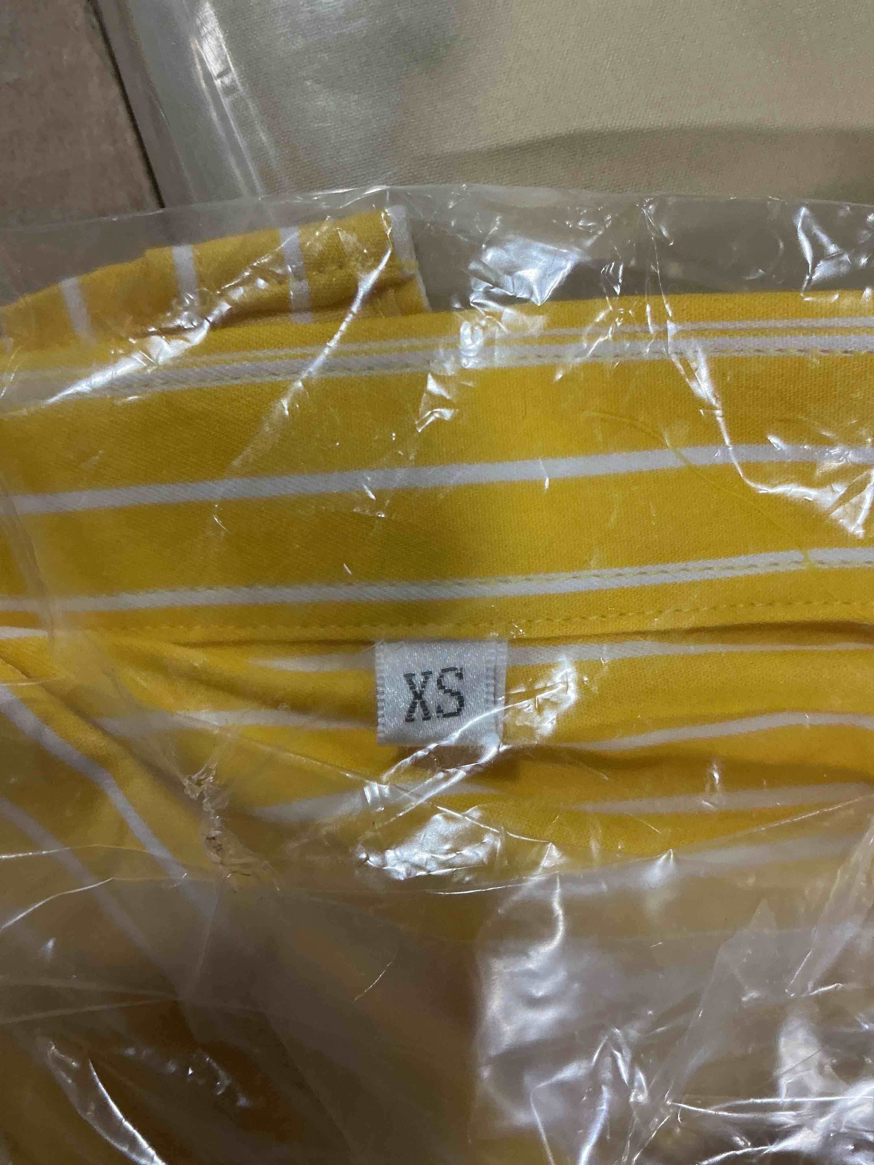 Condition photo showing Good Condition for XS siliteelon Striped Button Down Shirts for Women Cotton Short Sleeve Blouses Collared Shirt Office Work Going Out Tops Large Deep Yellow Striped