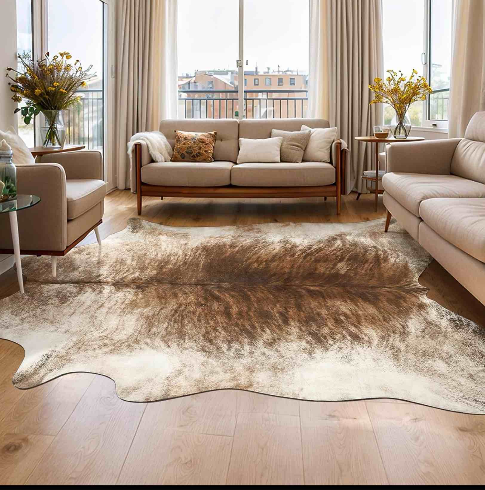 Condition photo showing Good Condition for (Similar to) AROGAN 8x10 Feet Faux Cowhide Area Rugs for Living Room, Animal Skins Cow Hide Rug for Bedroom, Cool Western Christmas Decor, Thin Leather Cow Hide Carpets Fireplace Rug, Brownish 8' x 9'6\" (8×10 ft) Brown
