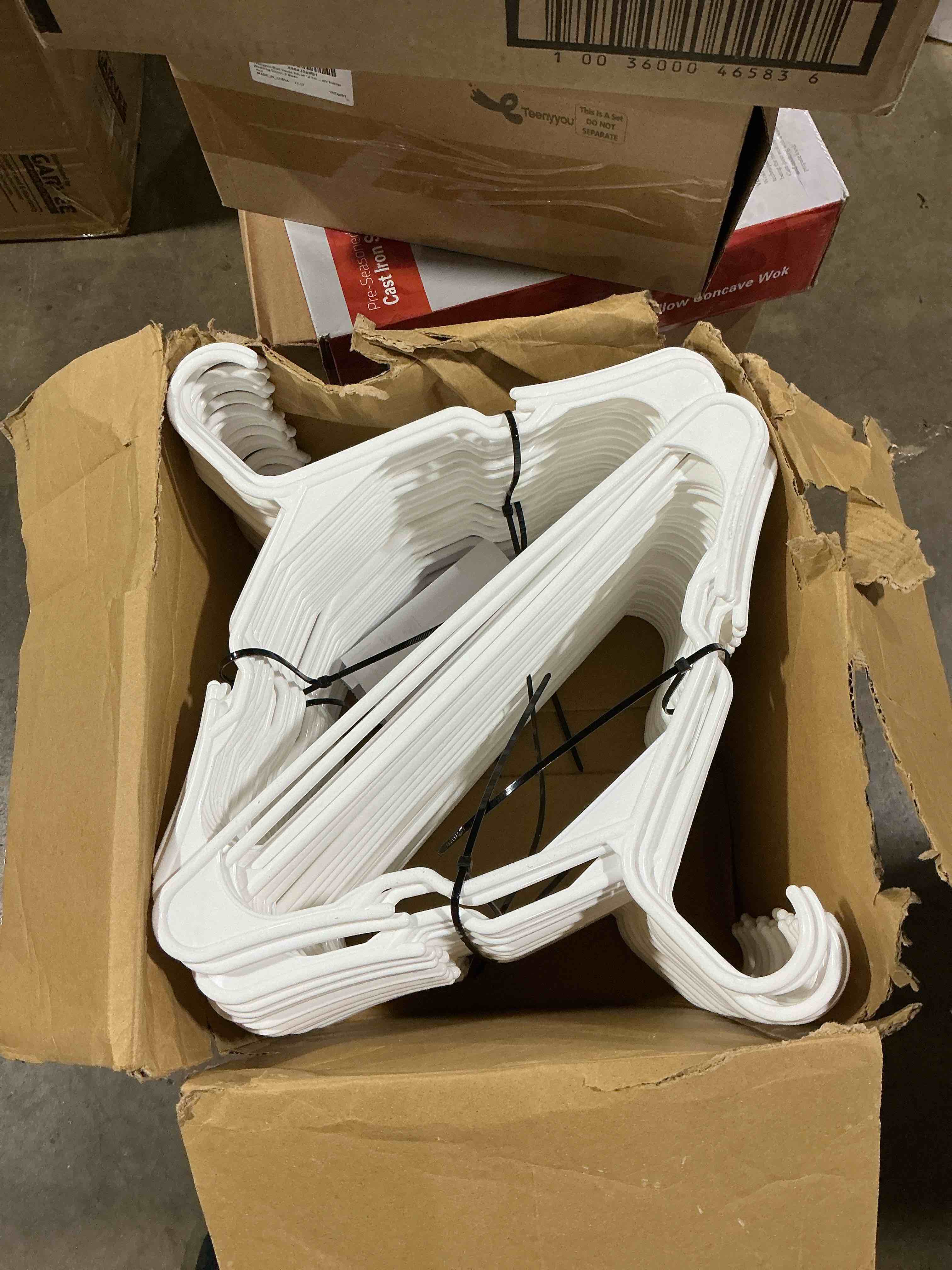 Condition photo showing Good Condition for Home Plastic Hangers 100 Pack - Space Saving Clothes Hanger - Durable & Strong Closet Organizers and Storage with Built-in Strap Hooks - Essential for Shirts, Pants, Skirts & Coats (White)