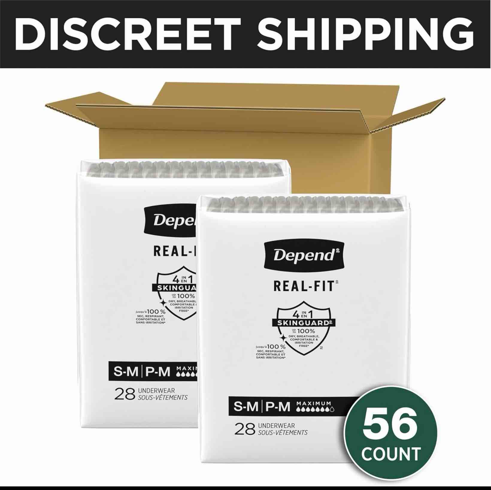 Condition photo showing Good Condition for Depend Real Fit Adult Diapers, Incontinence Underwear for Men, Disposable, Maximum Absorbency, Small/Medium, Grey, 56 Count (2 Packs of 28), Packaging May Vary Gray Small/Medium 56