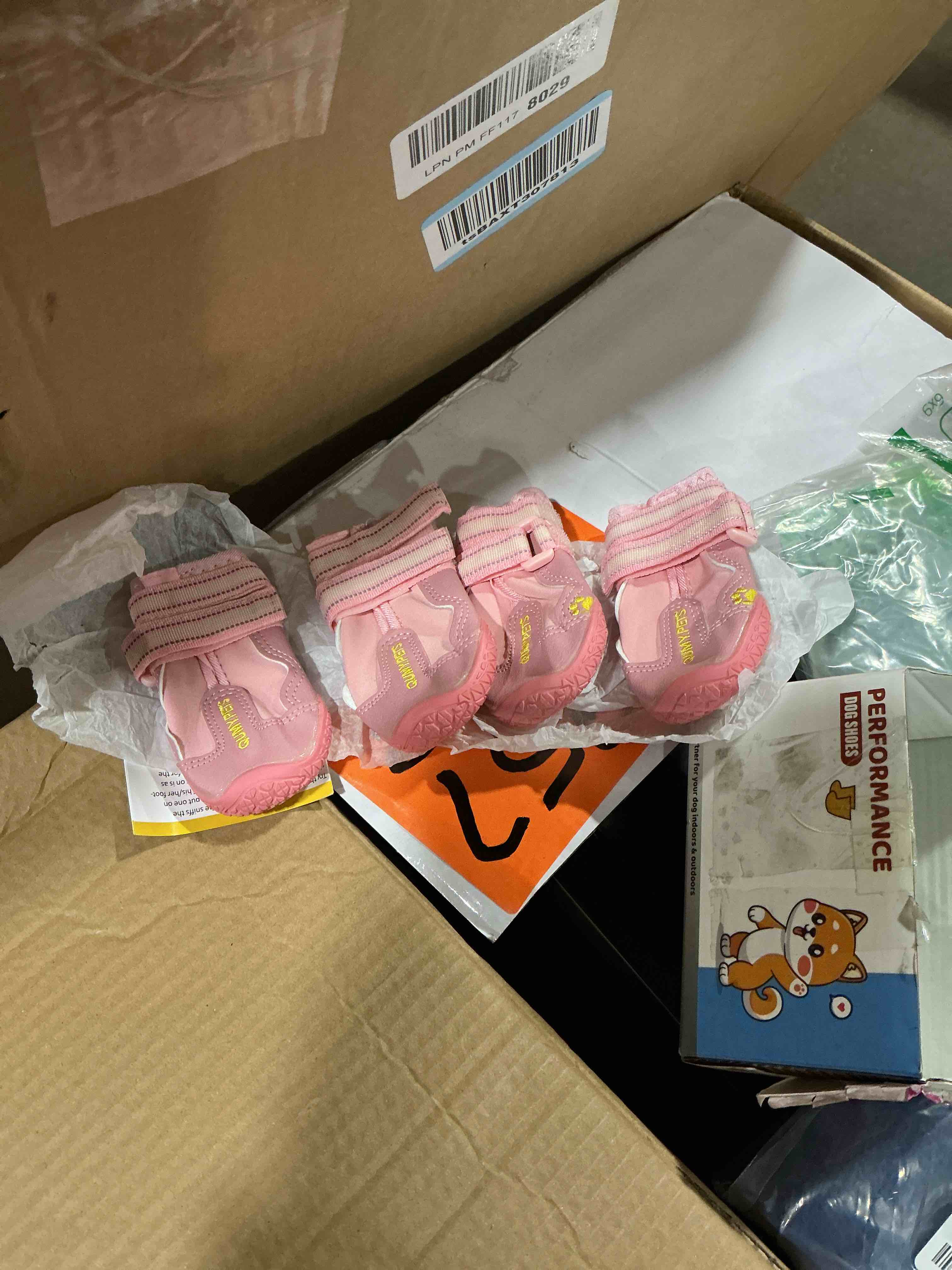 Condition photo showing Good Condition for QUMY Dog Shoes for Large Dogs, Medium Dog Boots & Paw Protectors for Winter Snowy Day, Summer Hot Pavement, Water-Resistant in Rainy Weather, Outdoor Walking, Indoor Hardfloors Skid-Resistant Sole Pink Size 1: 1.8''x2.3''(W*L) (Pack of 4)