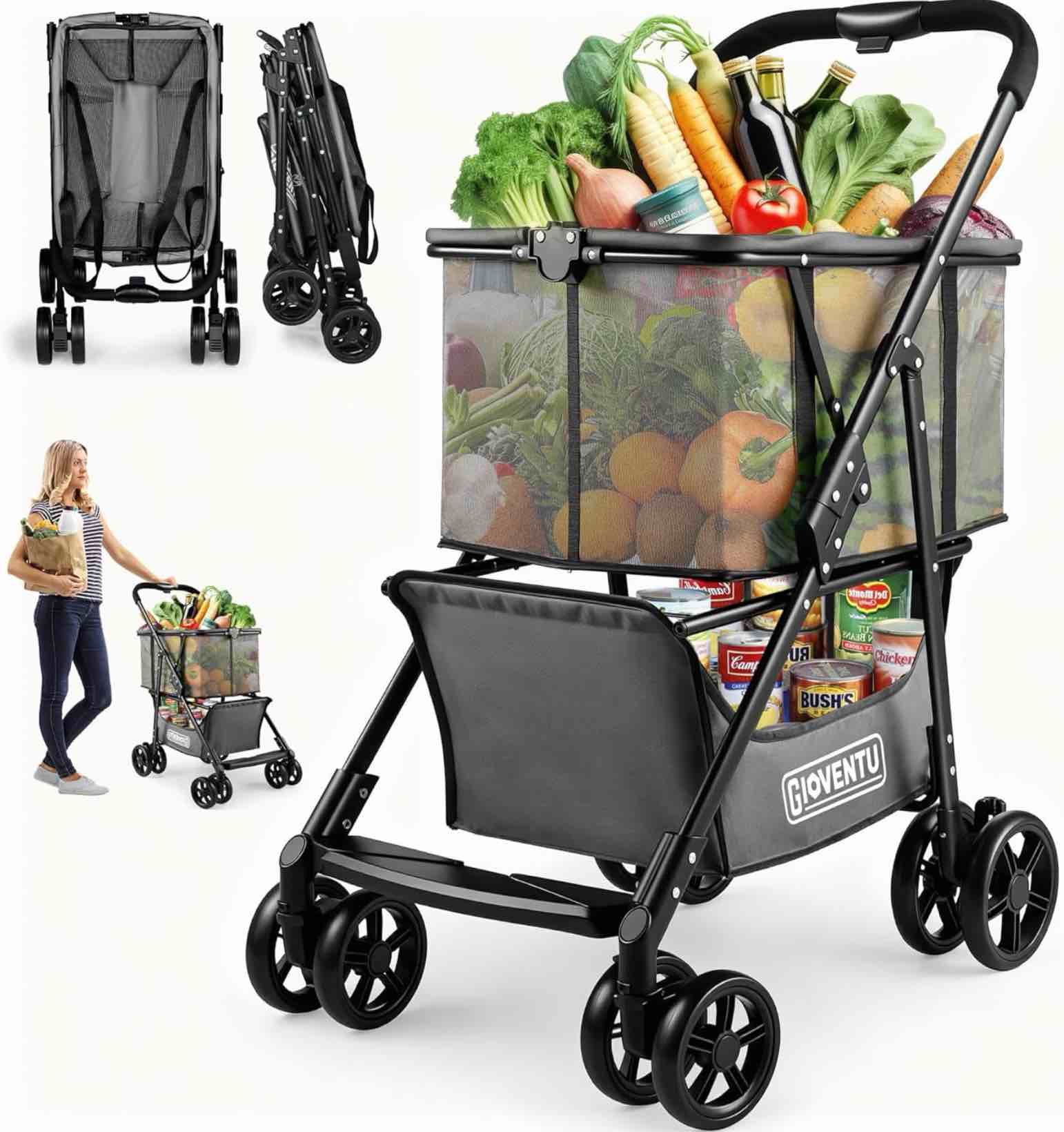folding shopping cart with wheels, 80lbs multi use grocery carts with 360° wheels & removable tote bag, multifunctional portable personal shopping carts for groceries, black