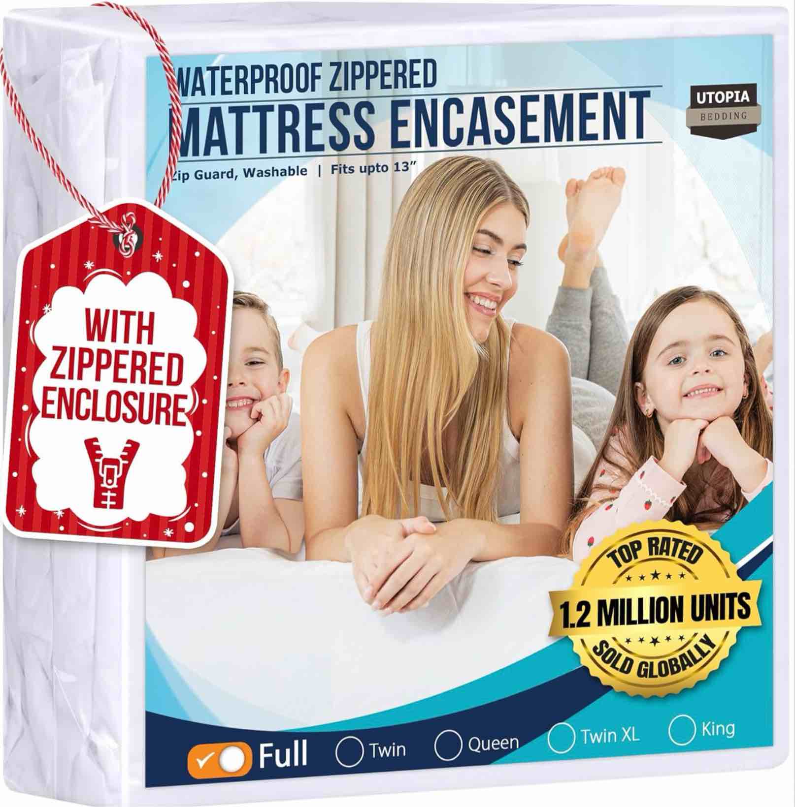 Condition photo showing As Is for utopia bedding waterproof mattress protector full size, zippered mattress encasement bed bug and dust mite proof, absorbent six-sided mattress cover 1 full