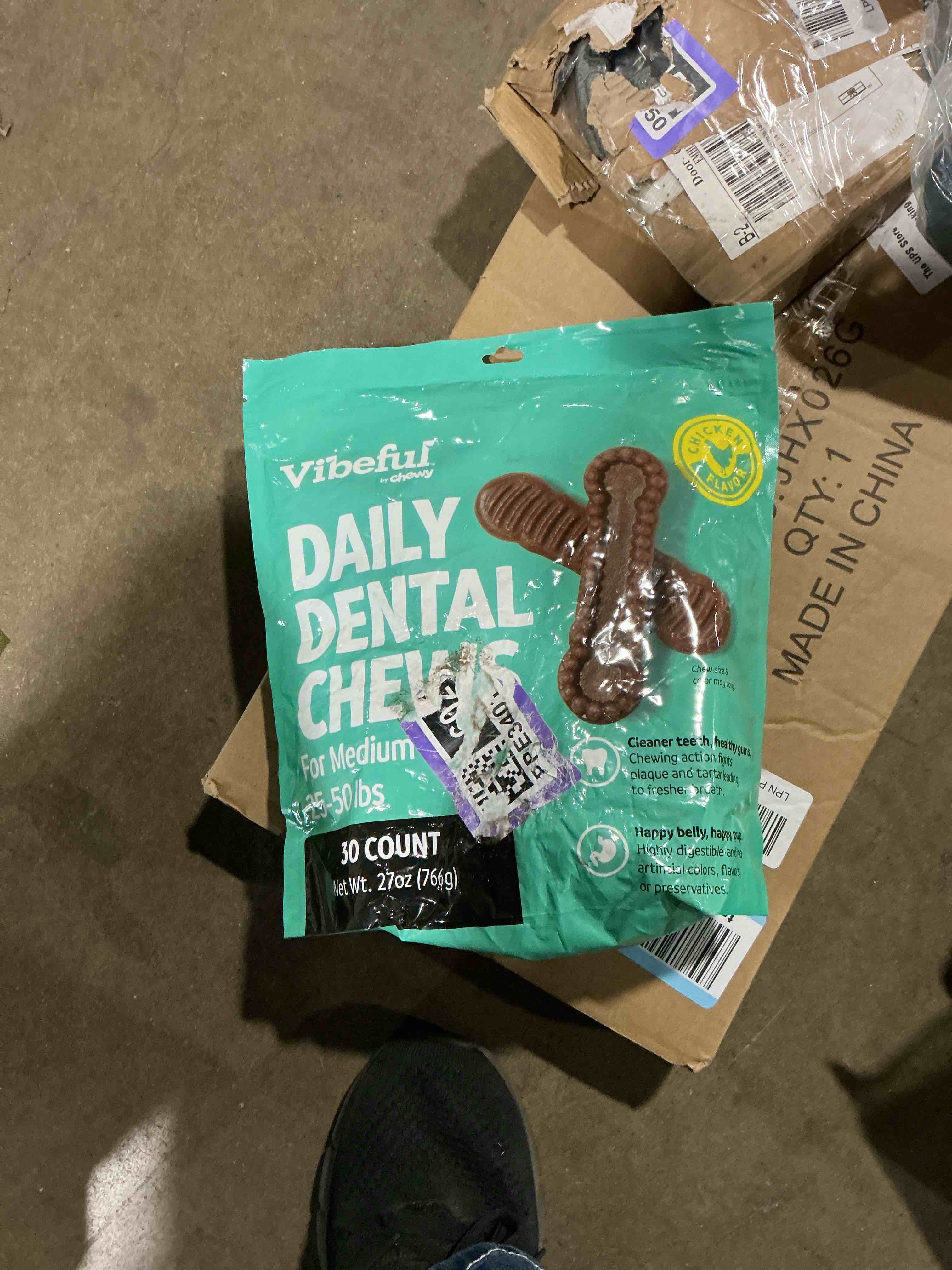 Condition photo showing As Is for vibeful by chewy daily dental chews- medium dogs 25-50 lbs 30 count bag