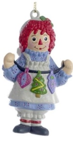 Condition photo showing Good Condition for raggedy ann with string of ornaments & raggedy andy with santa candy cane blow mold ornaments by kurt adler