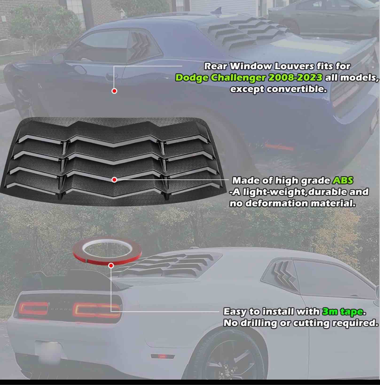Condition photo showing Good Condition for rear window louver for dodge challenger 2008-2023 in lambo style windshield scoop louvers sun shade vent cover matte black