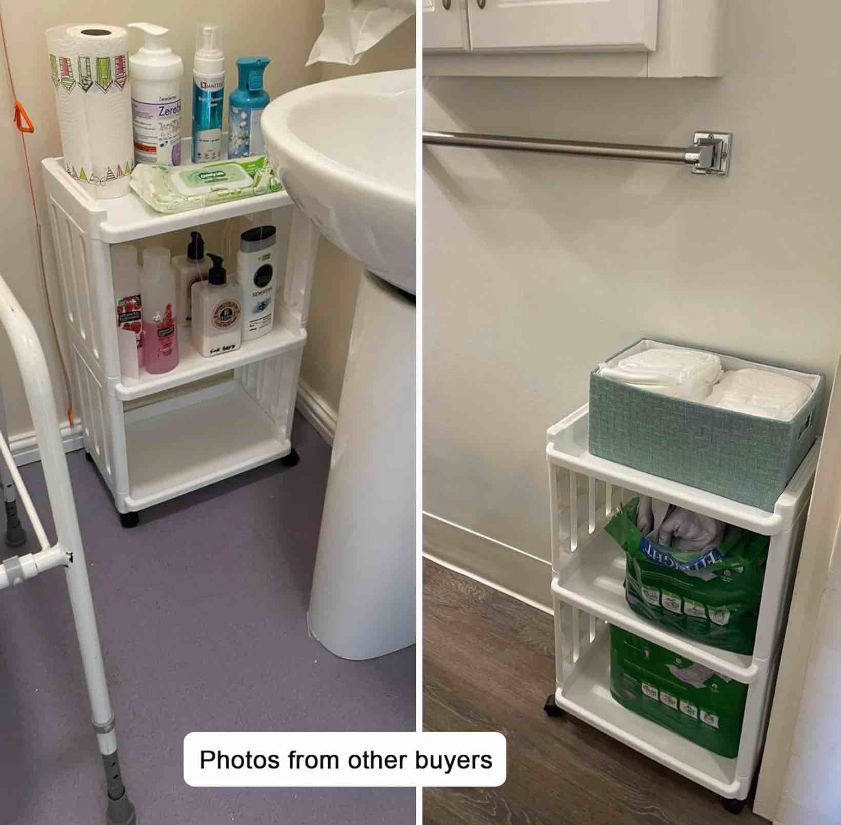 Condition photo showing As Is for (incomplete)rolling storage utility cart slim organizer shelf with wheels 3 tier narrow places mobile shelving unit tower rack for kitchen bathroom laundry room home office bedroom living room washroom, white