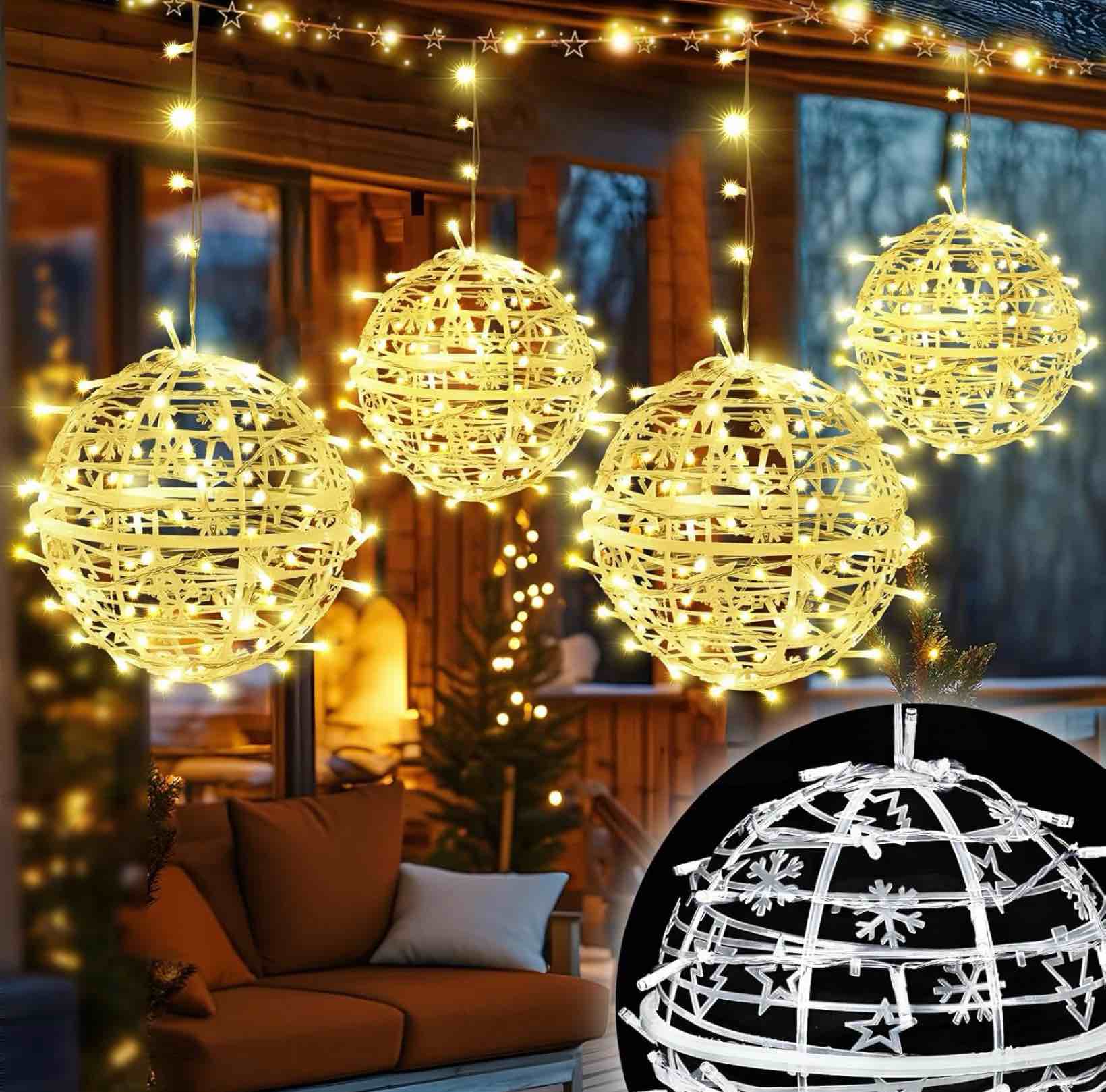 Condition photo showing Good Condition for likiyol christmas light balls outdoor 4 pack 8\" sphere christmas lights with plug, hanging tree garden globe lights waterproof string lights for yard, patio, porch, party, holiday decor, warm white
