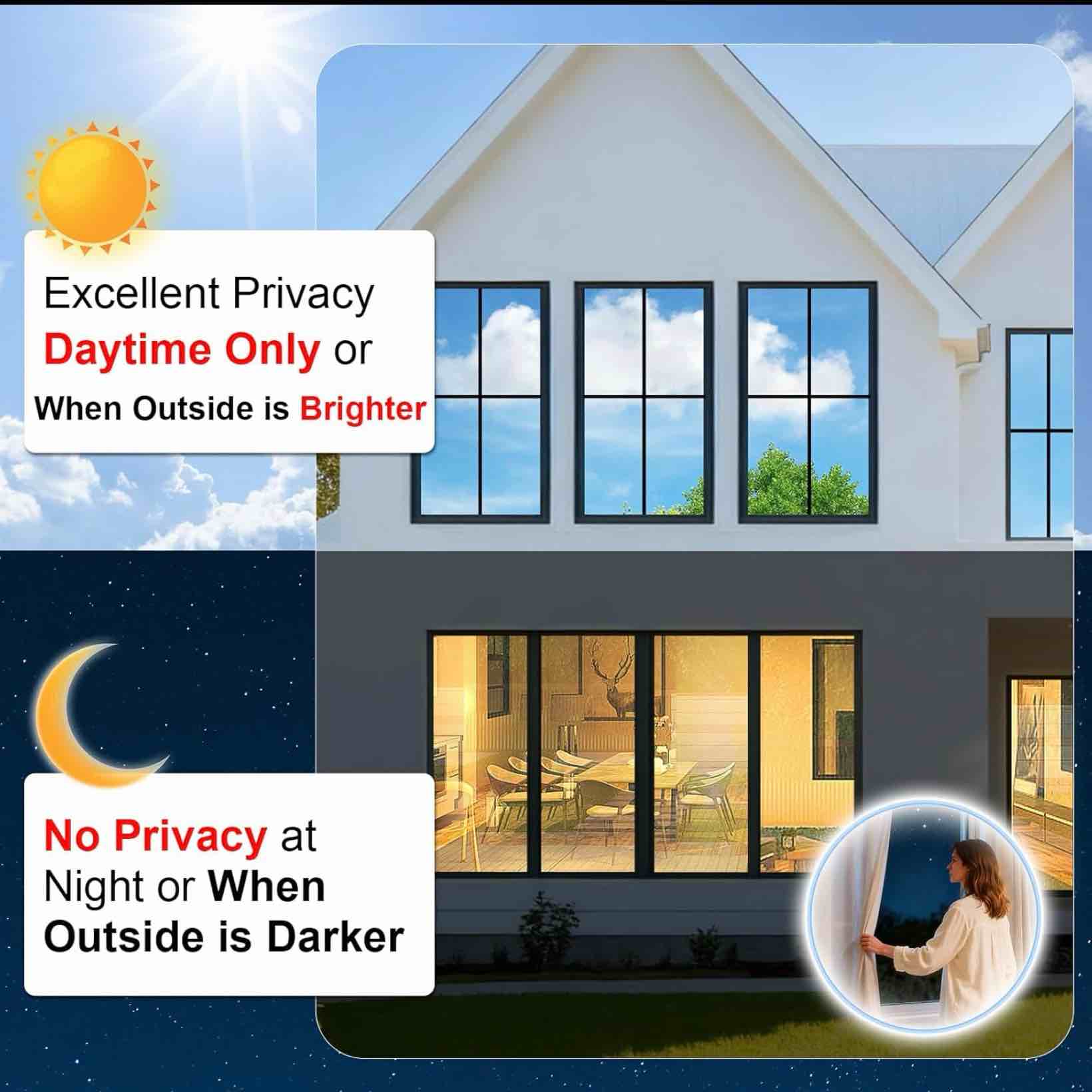Condition photo showing Good Condition for savvy choice window privacy film one way daytime privacy static cling sun blocking anti uv reflective window tint for home and office, black-silver, 17.5 inch x 78.7 inch 17.5 inch x 78.7 inch black silver