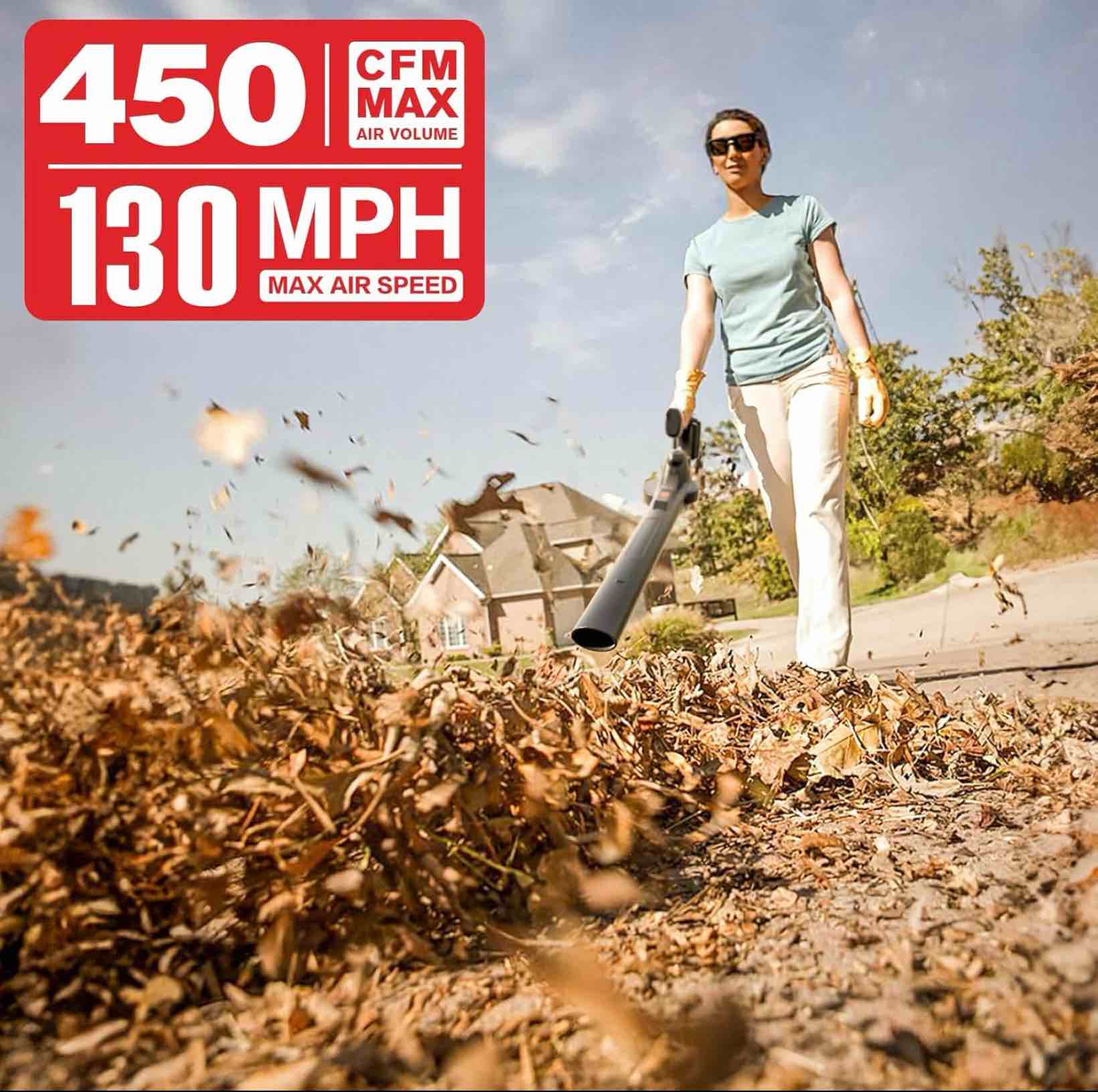 Condition photo showing Good Condition for mzk cordless leaf blower,20v battery powered electric blower for lawn care, electric lightweight leaf blower for blowing leaves, patio cleaning and dust(2 * 2ah battery & charger included),lf40d13