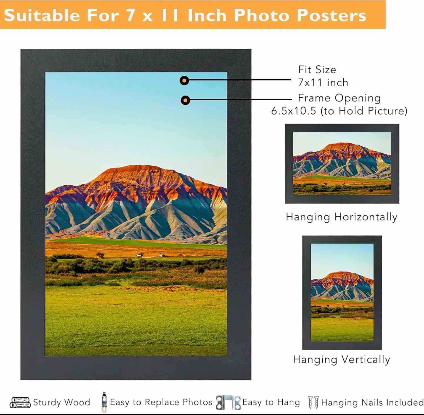 Condition photo showing Good Condition for 7x11 picture frame black for wall mounting or tabletop, wood 7 x 11 frame photo frame for wall hanging horizontally or vertically, black