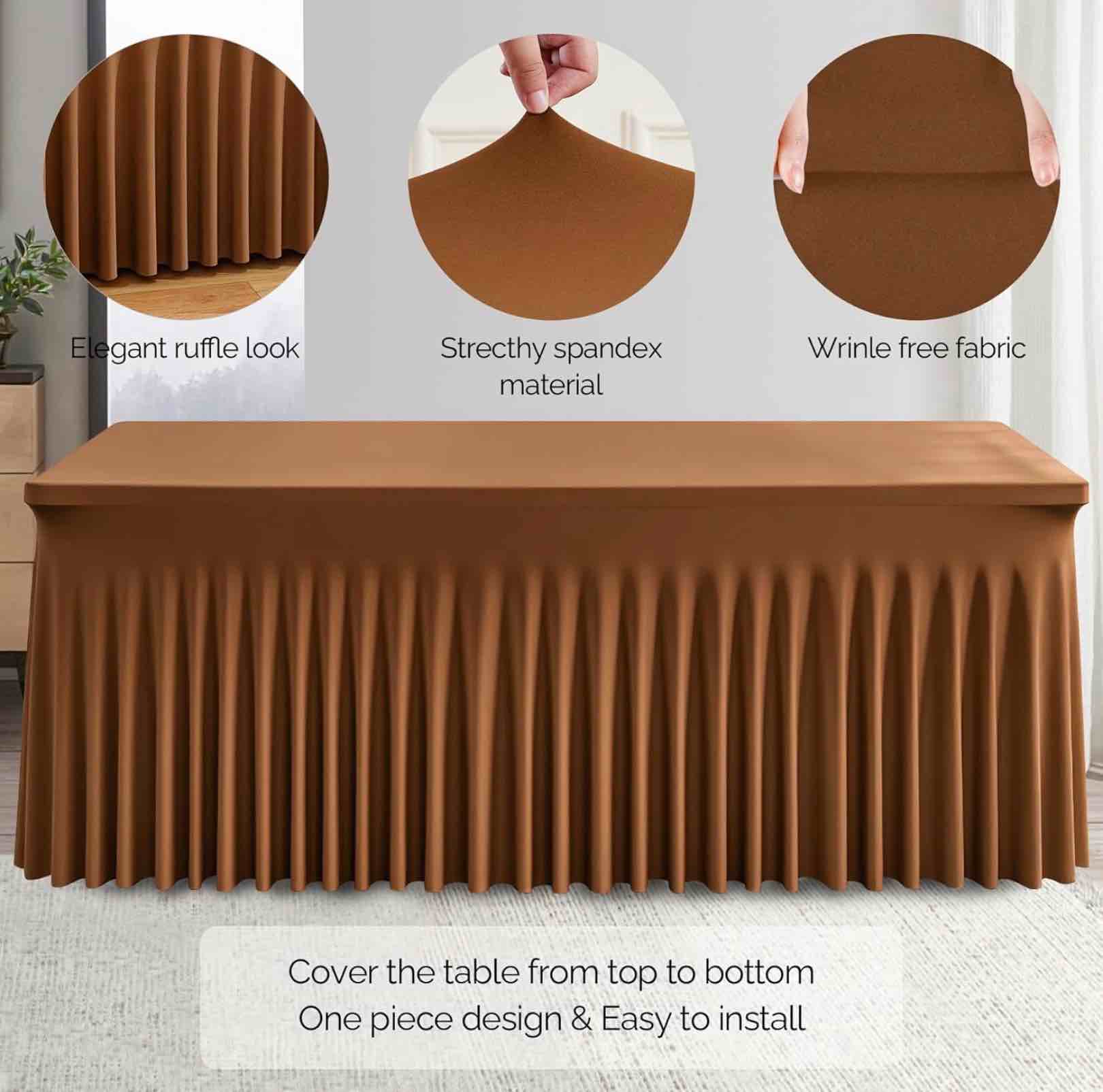 Condition photo showing Good Condition for wish care brown spandex table clothes for rectangle tables, wrinkle free fitted tablecloths ruffles design table cover for party, banquet, wedding and events brown
