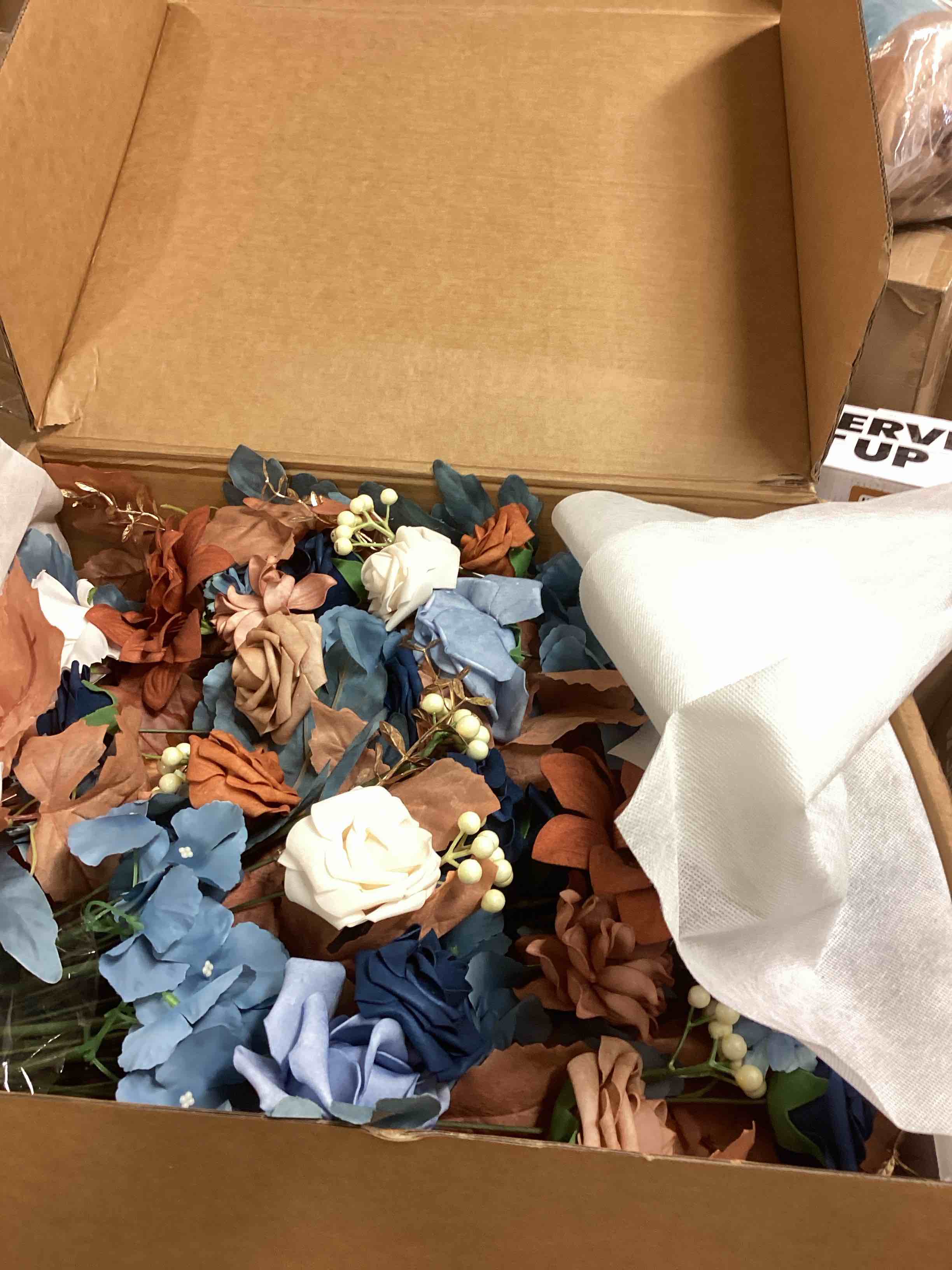 Condition photo showing Good Condition for Ling's moment 17.5" Tall Standing Artificial Flowers Arrangements 4pcs Fall Wedding Aisle Runner Chair Decorations Dusty Blue & Navy Centerpieces for Ceremony Reception Rose Floral Party Outdoor Blu-dusty Blue & Navy Blue