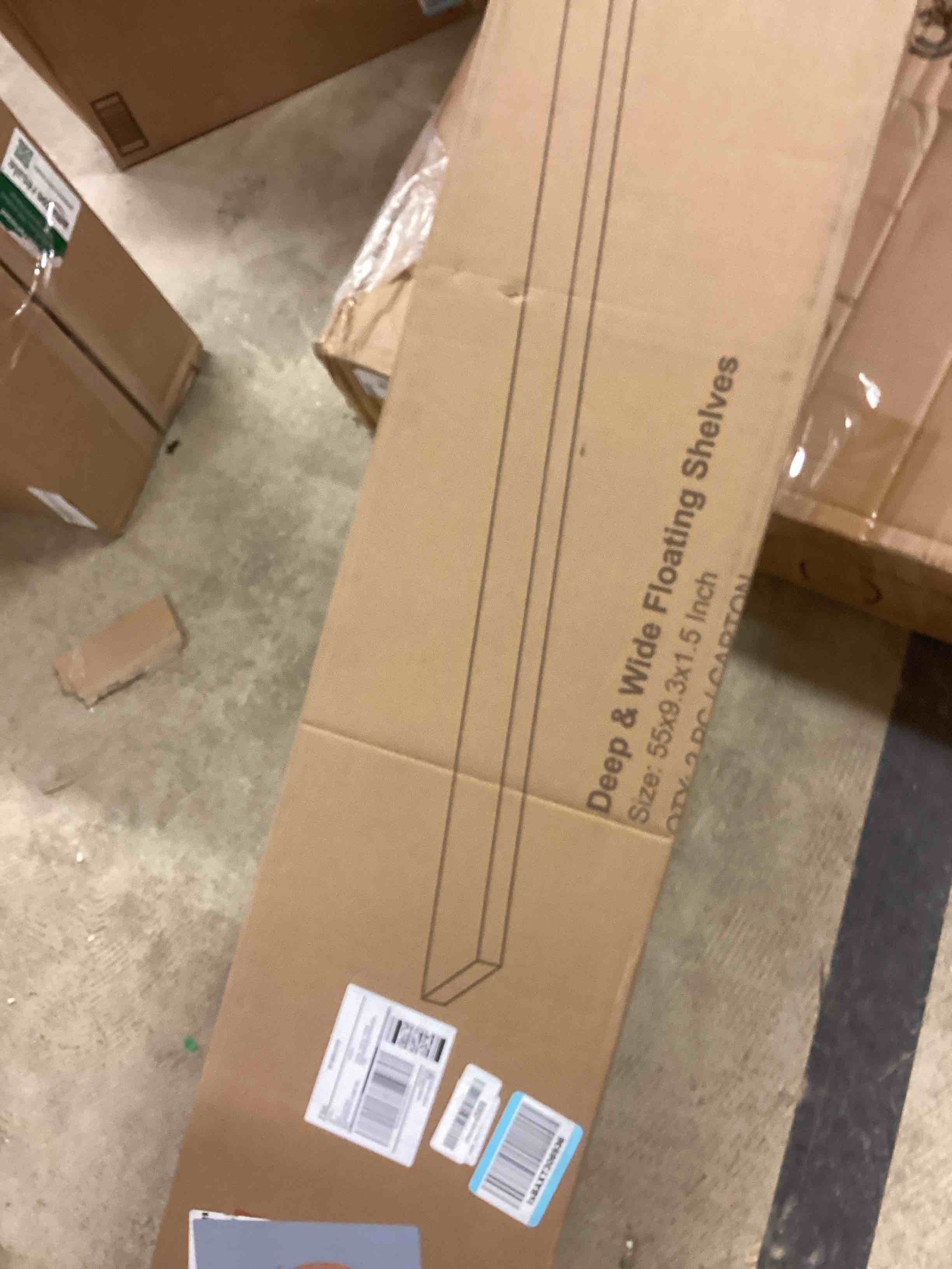 Condition photo showing New/Like New for Fun Memories 55 Inch Floating Shelves for Wall Set of 2, 55x9.3 Large Floating Shelf for Bedroom, Kitchen, Bathroom, Wall Mounted Rustic Wood Shelves with Invisible Bracket for Books, Decor, Oak D. Oak 55", 2P