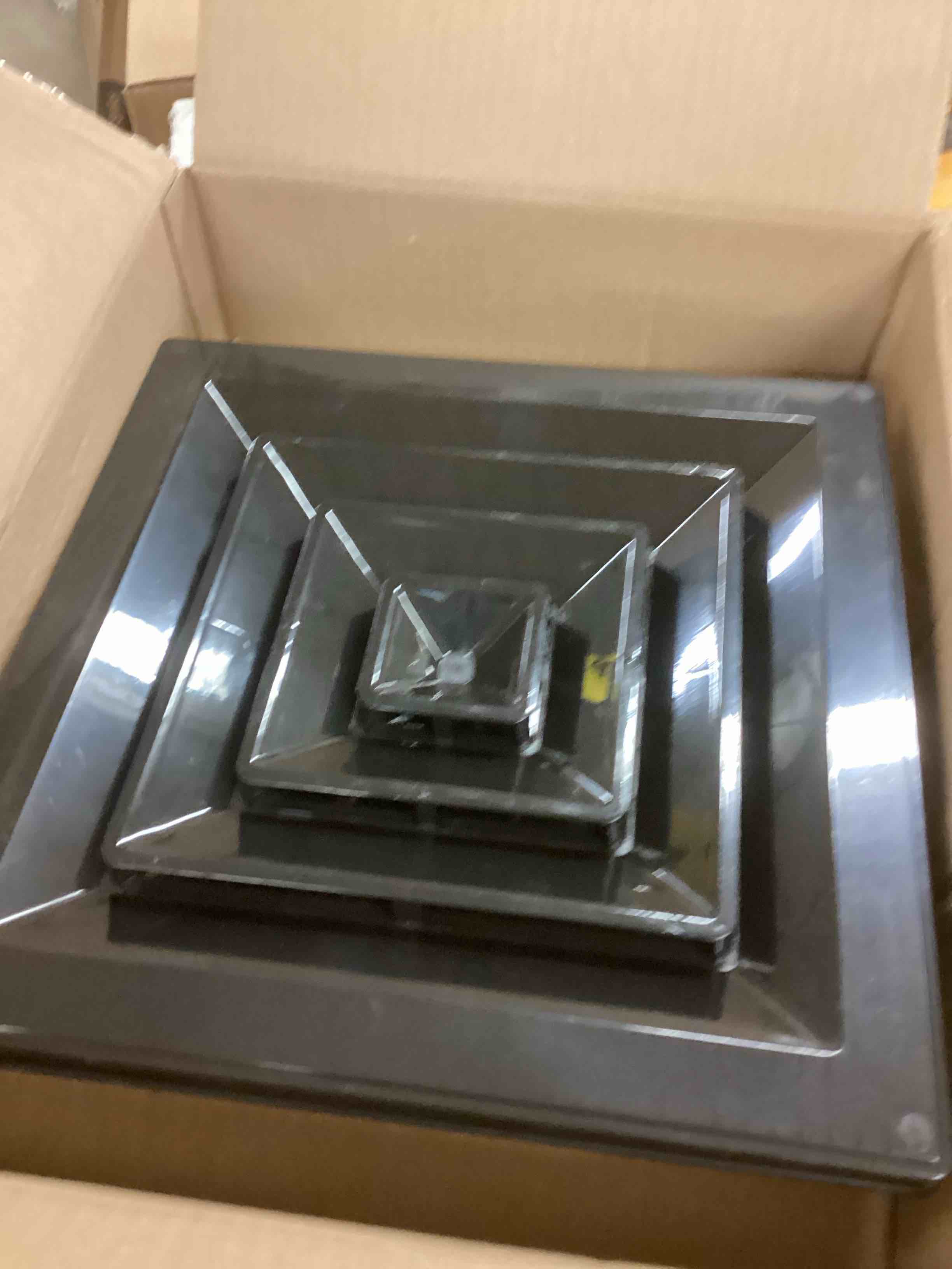 Condition photo showing As Is for PATIKIL 14 x 14 Inch Square Vent Cover, 2PCS Plastic Return Air Grille Ceiling Air Diffuser Cap with Square-to-Round Adapter for Home Office Bathroom Kitchen Toilet Vent, Black 14 x 14 Inch 2