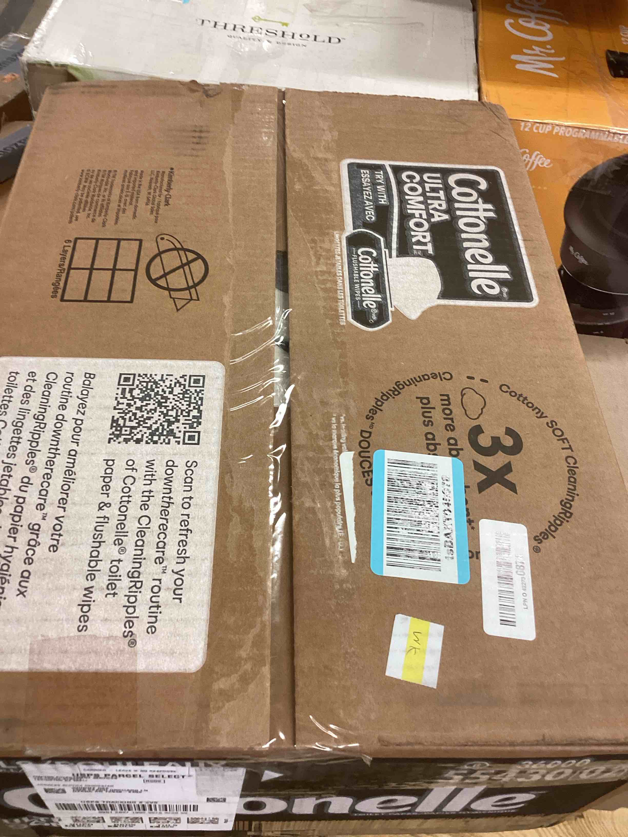 Condition photo showing As Is for Cottonelle Ultra Comfort Toilet Paper with Cushiony CleaningRipples Texture, Strong Bath Tissue, 24 Family Mega Rolls = 108 Regular Rolls (4 Packs of 6) Family Mega Pack of 24