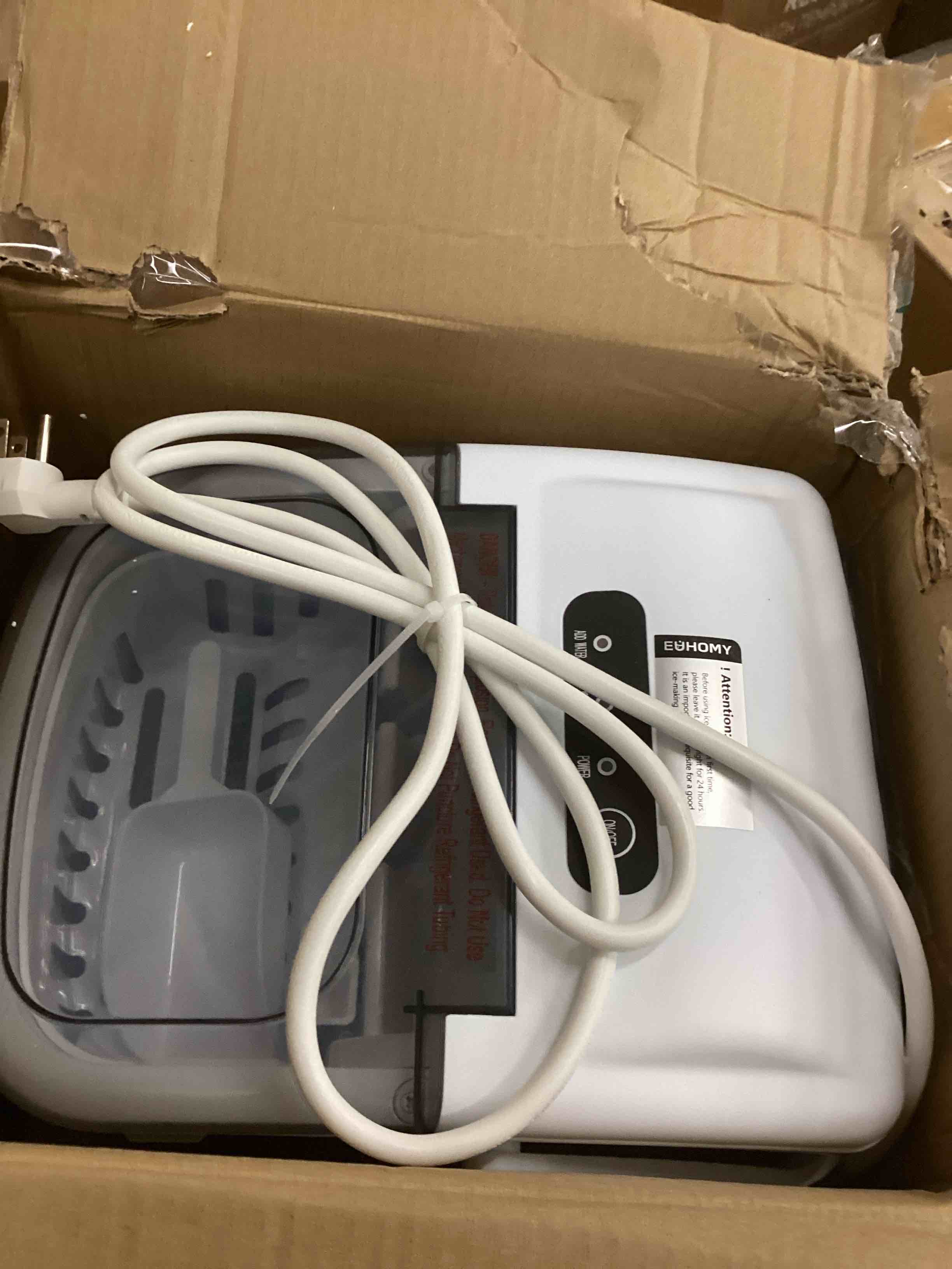 Condition photo showing New/Like New for EUHOMY Countertop Ice Maker Machine with Handle, 26lbs Per Day, 9 Ice Cubes Ready in 6 Mins, Auto-Cleaning Portable Ice Maker with Basket and Scoop, for Home/Kitchen/Camping/RV (White) ICE MACHINE 11.57"D x 11.42"W x 8.74"H White