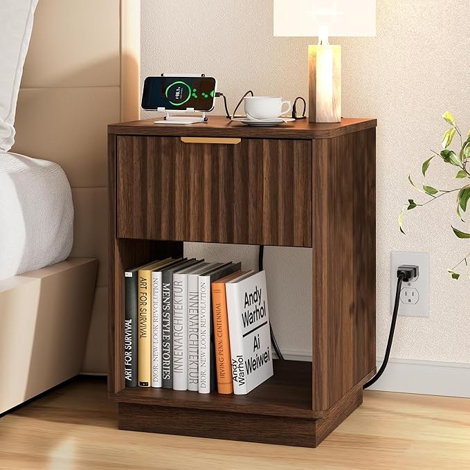 Fluted Nightstand, Walnut Night Stand, Modern Nightstand with Charging Station, Wooden End Table with Drawer and Open Shelf, Bedside Table for Bedroom Sofa Home Office,Curved Corners Design